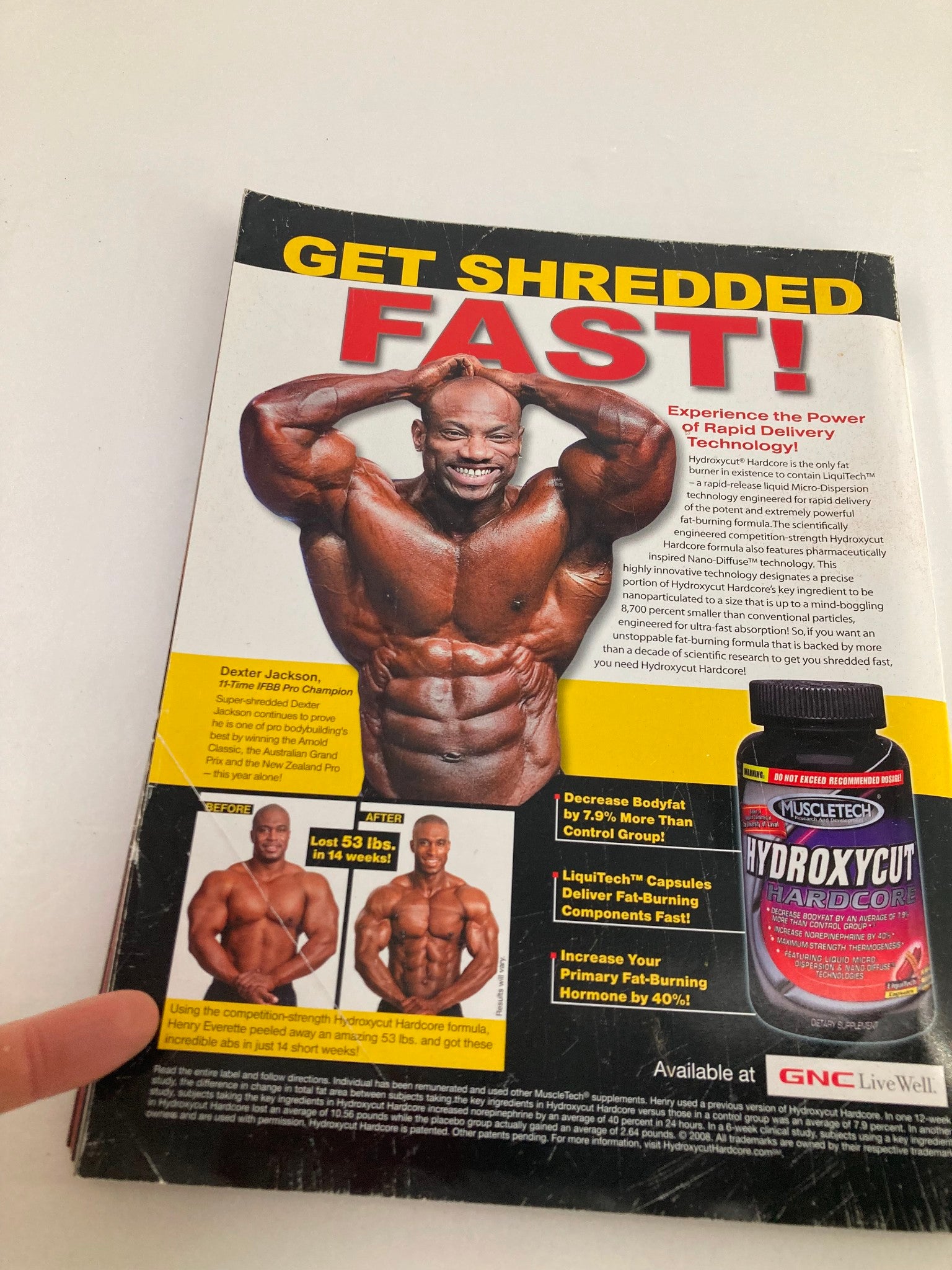 Back cover of Flex Magazine October 2008 showcasing a promotional image of Dexter Jackson. It advertises a fitness product promising rapid fat loss, featuring before-and-after transformations for effective body sculpting.