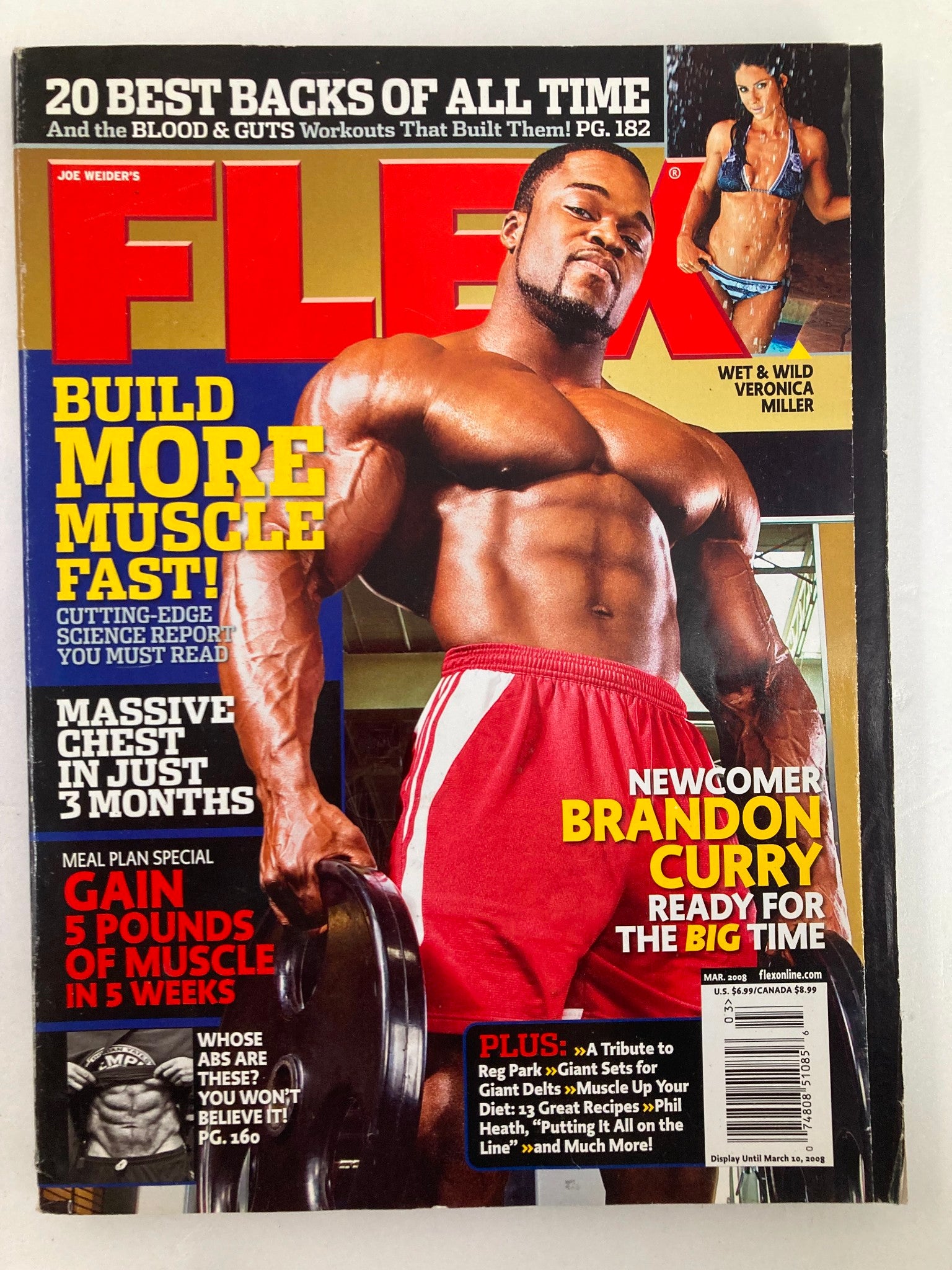 Cover of Flex Magazine March 2008, Volume 26, Issue #1 featuring Brandon Curry, showcasing fitness and bodybuilding insights.