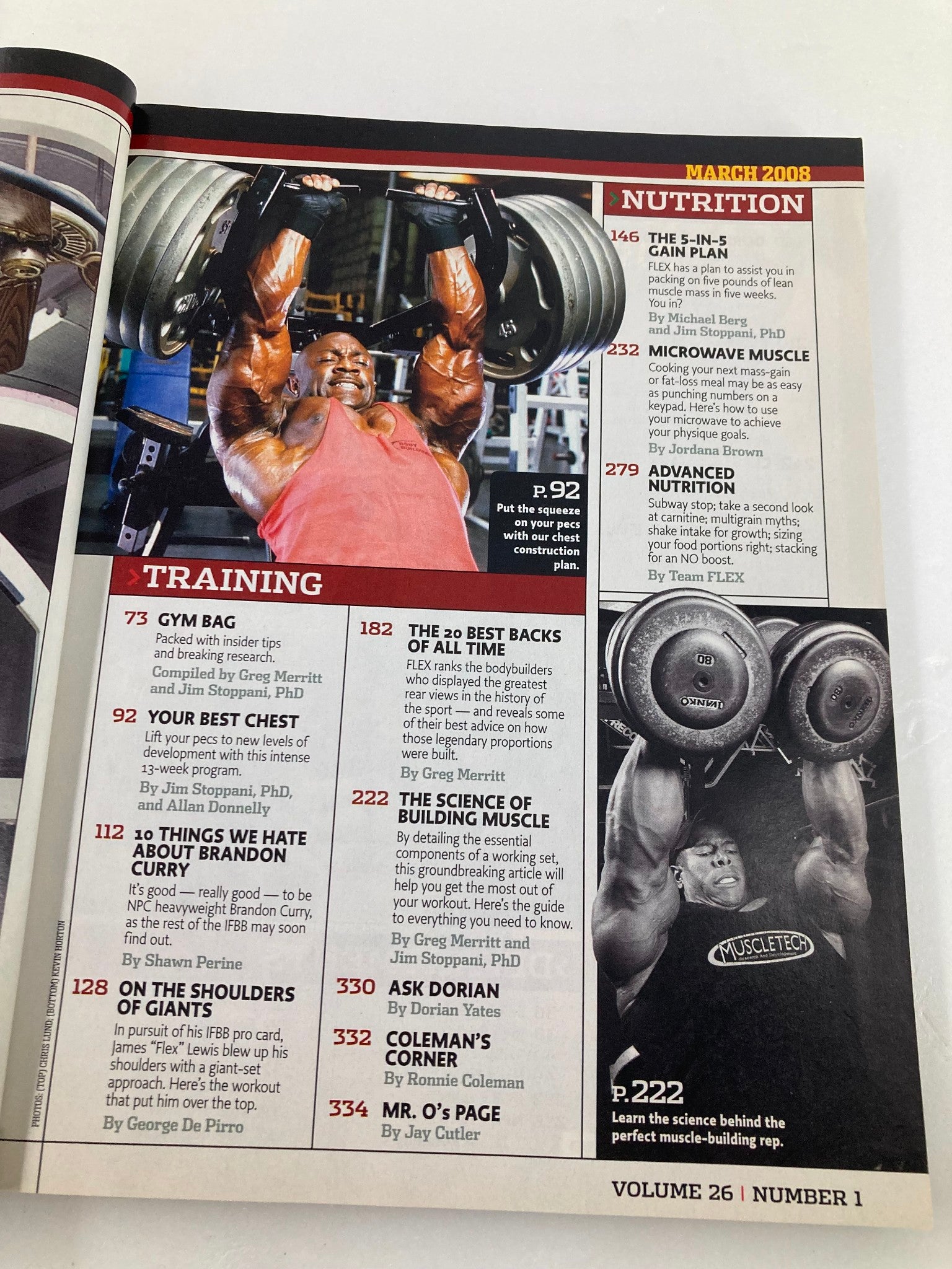 Inside pages of Flex Magazine March 2008, Volume 26, Issue #1 displaying training and nutrition articles, emphasizing bodybuilding techniques.