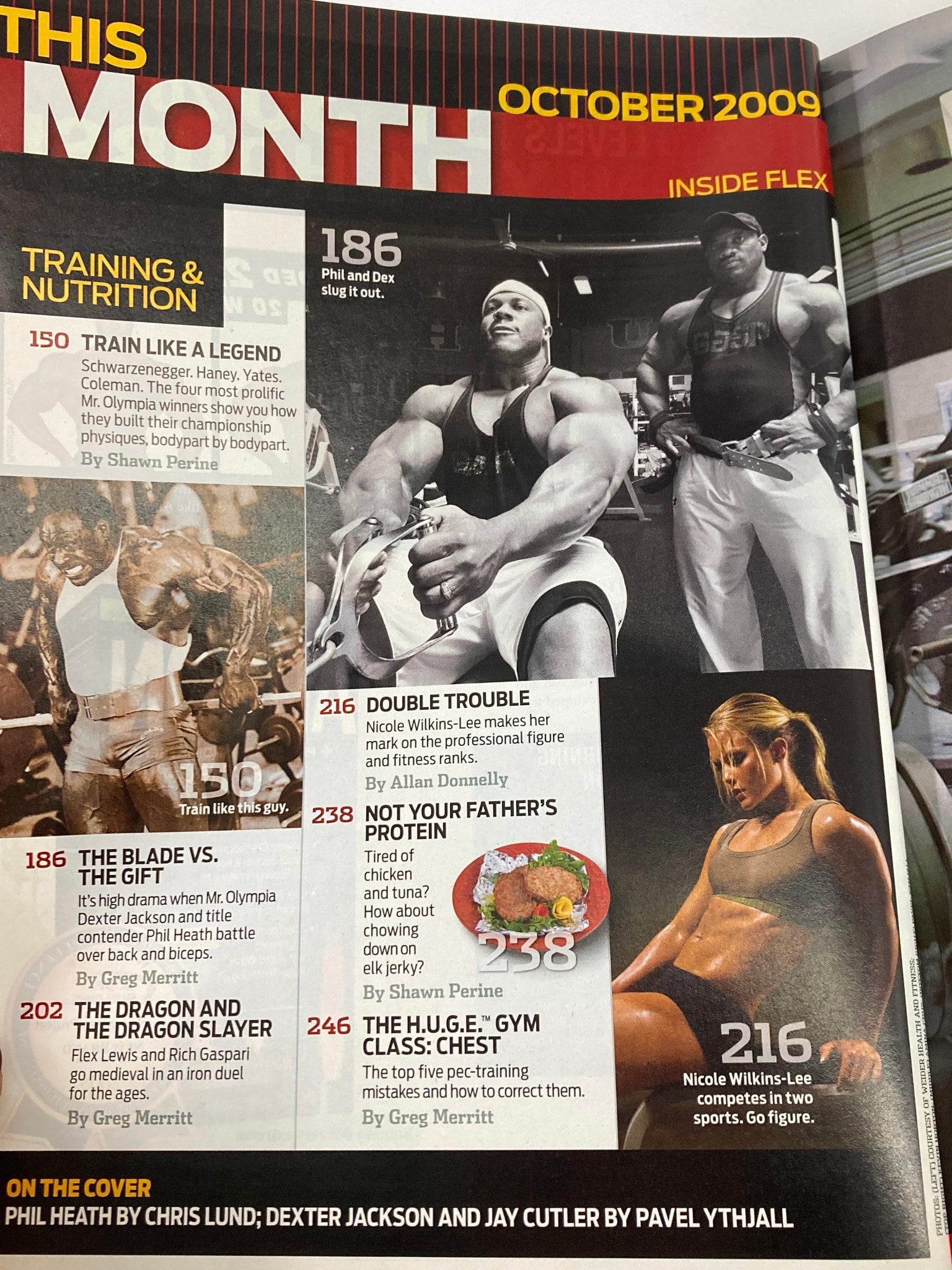 Interior page from Flex Magazine October 2009 showcasing articles on training and nutrition with highlights on Phil Heath, Dexter Jackson, and bodybuilding tips.