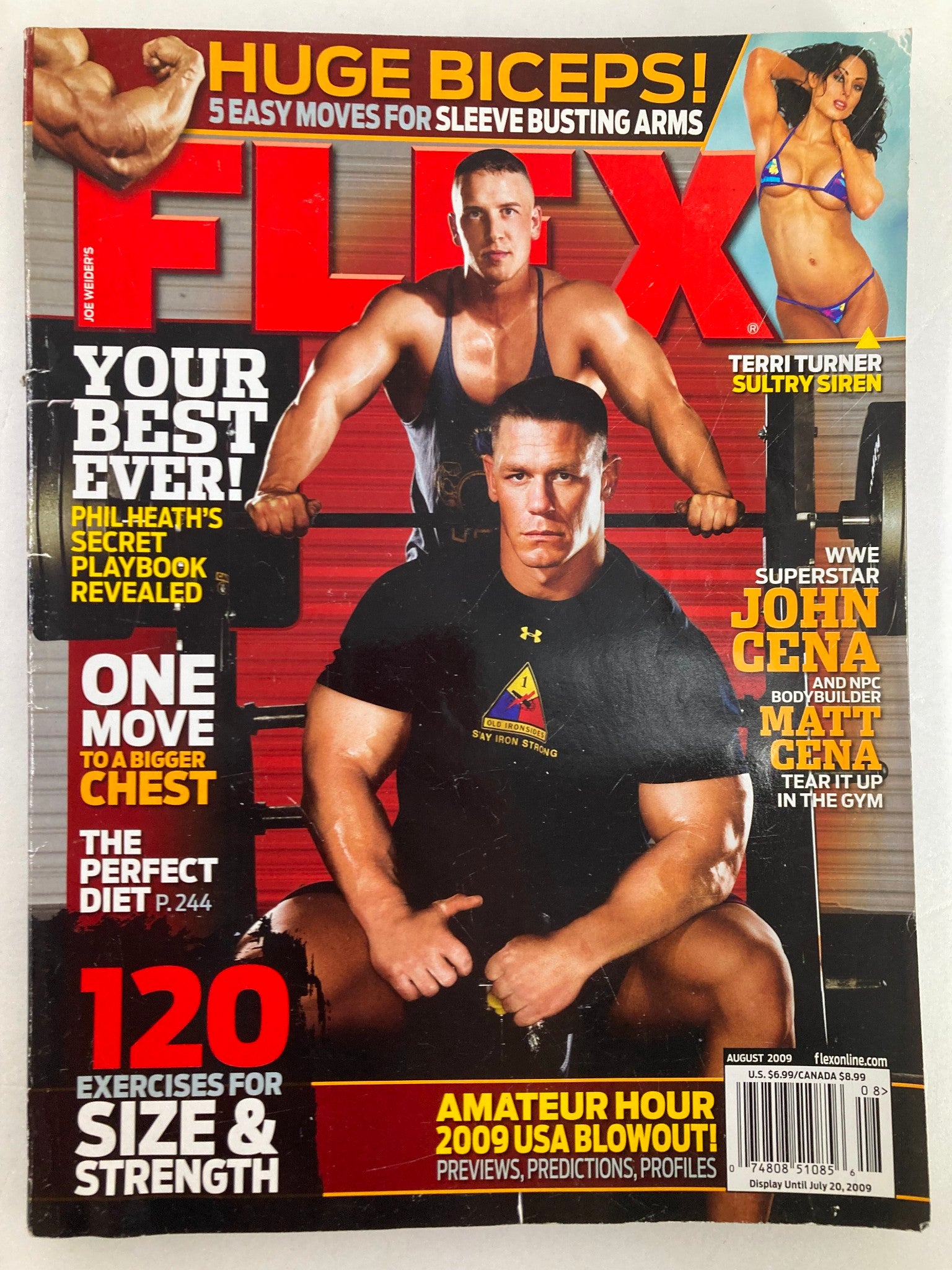 Flex Magazine August 2009 featuring WWE Superstar John Cena and Matt Cena on the cover, showcasing fitness and wrestling themes.