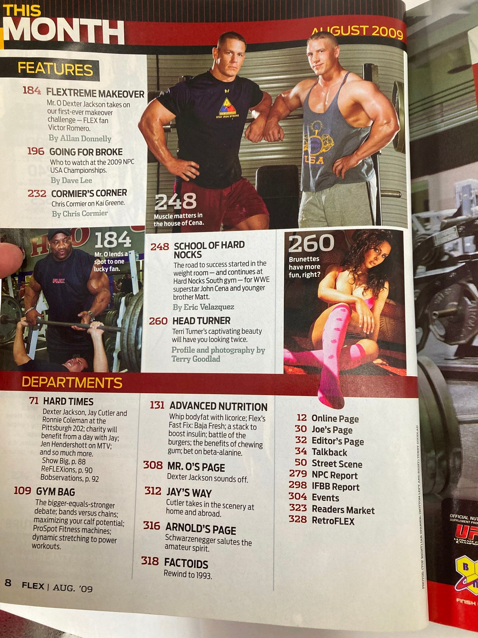 Inside page of Flex Magazine August 2009, highlighting articles and features related to fitness and wrestling, including sections for John Cena and Matt Cena.