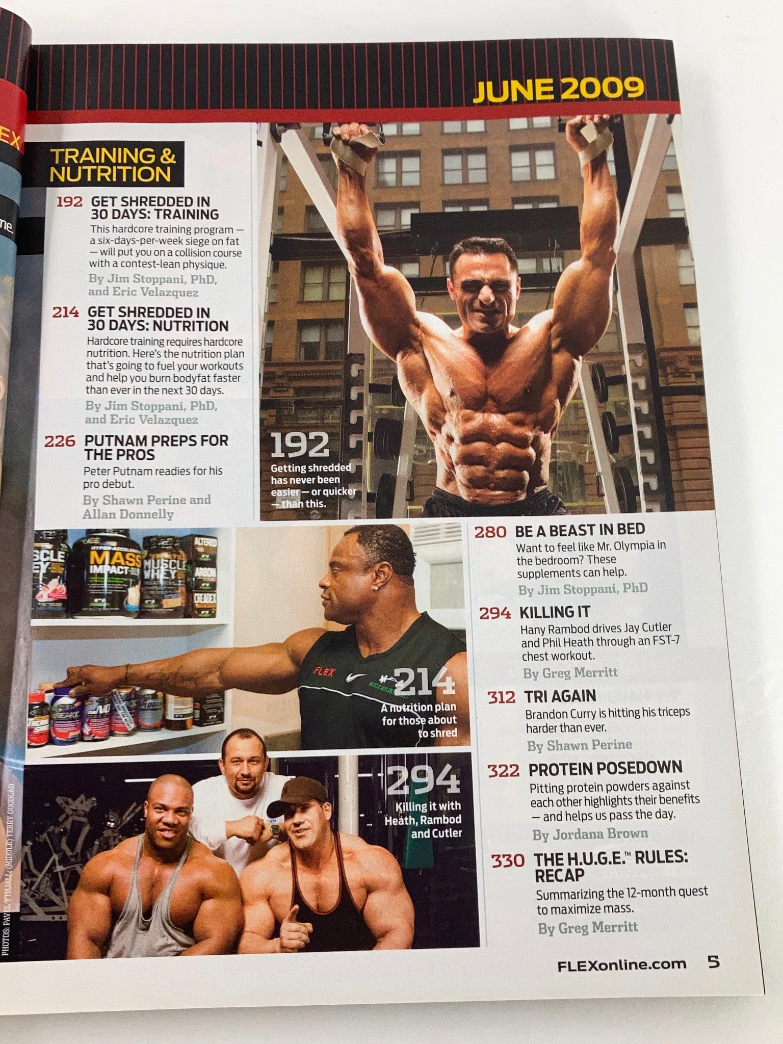 Interior page of Flex Magazine June 2009 highlighting training and nutrition articles with images of bodybuilders.