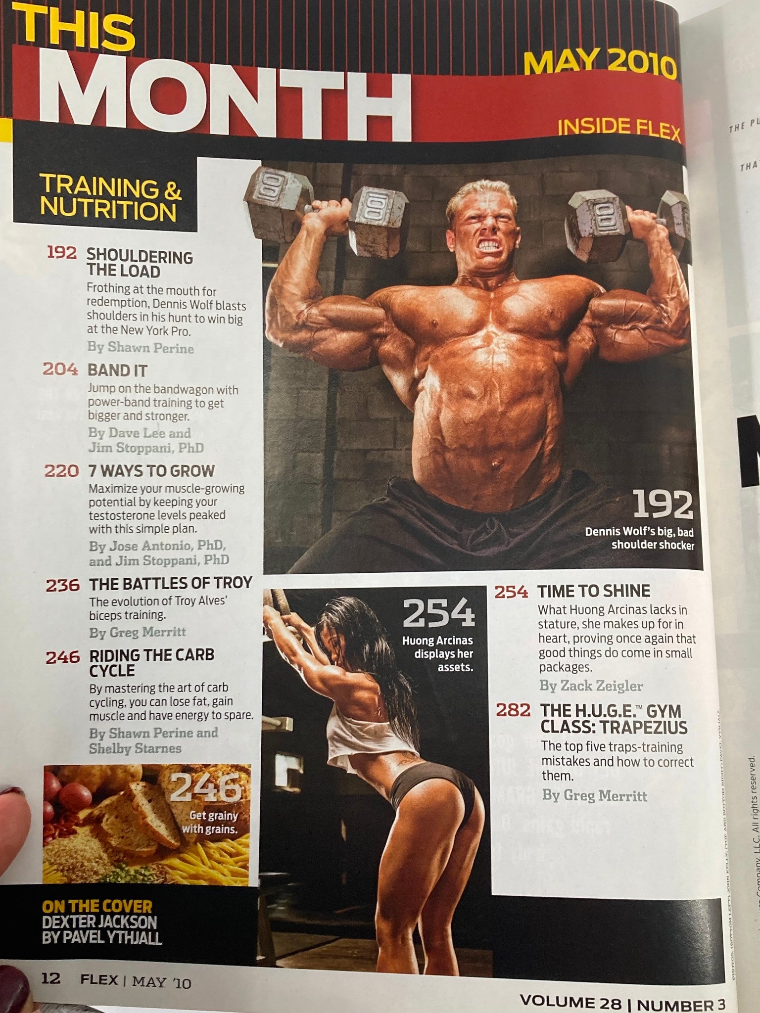 Inside page of Flex Magazine May 2010, Vol 28 #3, displaying articles on bodybuilding training and nutrition, including insights from Dennis Wolf and Huong Arcinas.