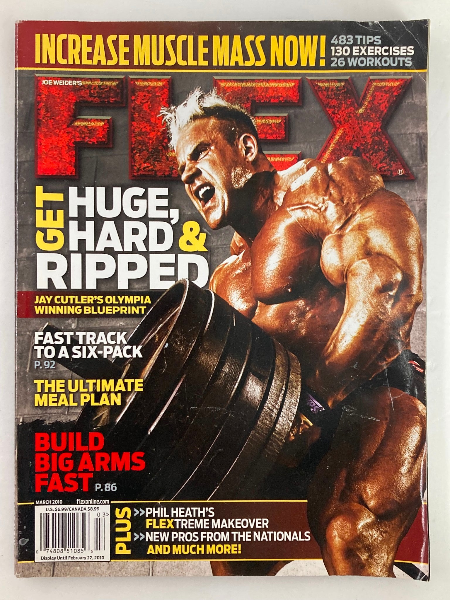 Flex Magazine March 2010 Vol 28 #1 cover featuring a muscular bodybuilder lifting weights, promoting tips to get huge, hard, and ripped, alongside highlights of Jay Cutler's Olympia Winning Blueprint and Phil Heath's Flextreme Makeover.