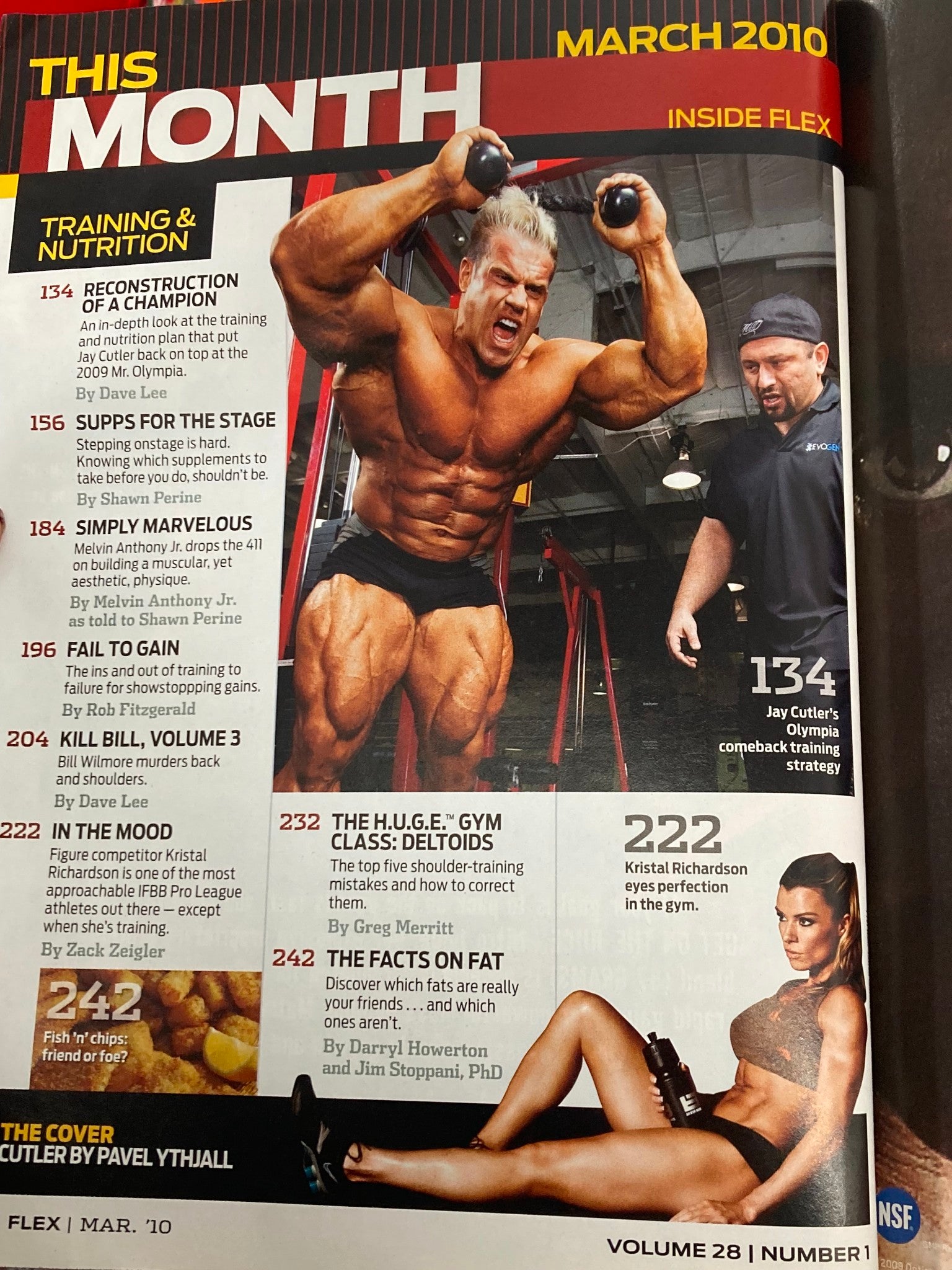 Inside page of Flex Magazine March 2010 Vol 28 #1 featuring various articles on training and nutrition, including a section on bodybuilder Jay Cutler.