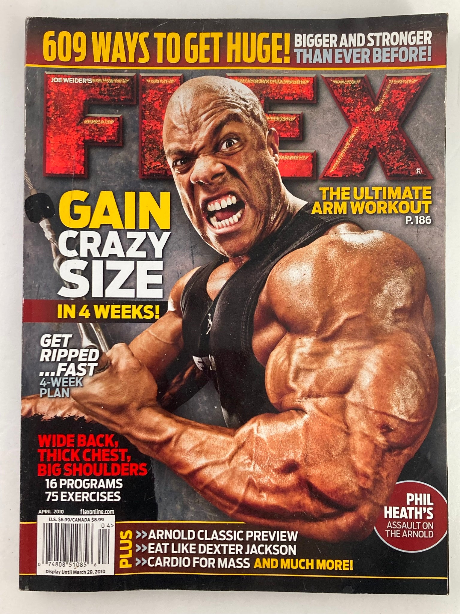 Cover of Flex Magazine April 2010 featuring Phil Heath's Assault on The Arnold, showcasing a powerful bodybuilding pose.