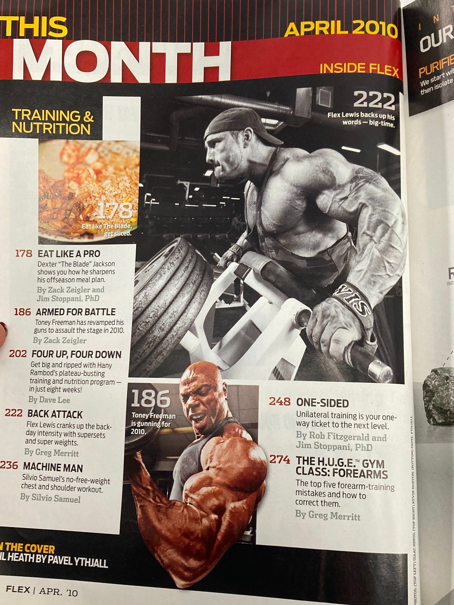 Inside spread of Flex Magazine April 2010, detailing training and nutrition segments, with a focus on Phil Heath's performance and insights.