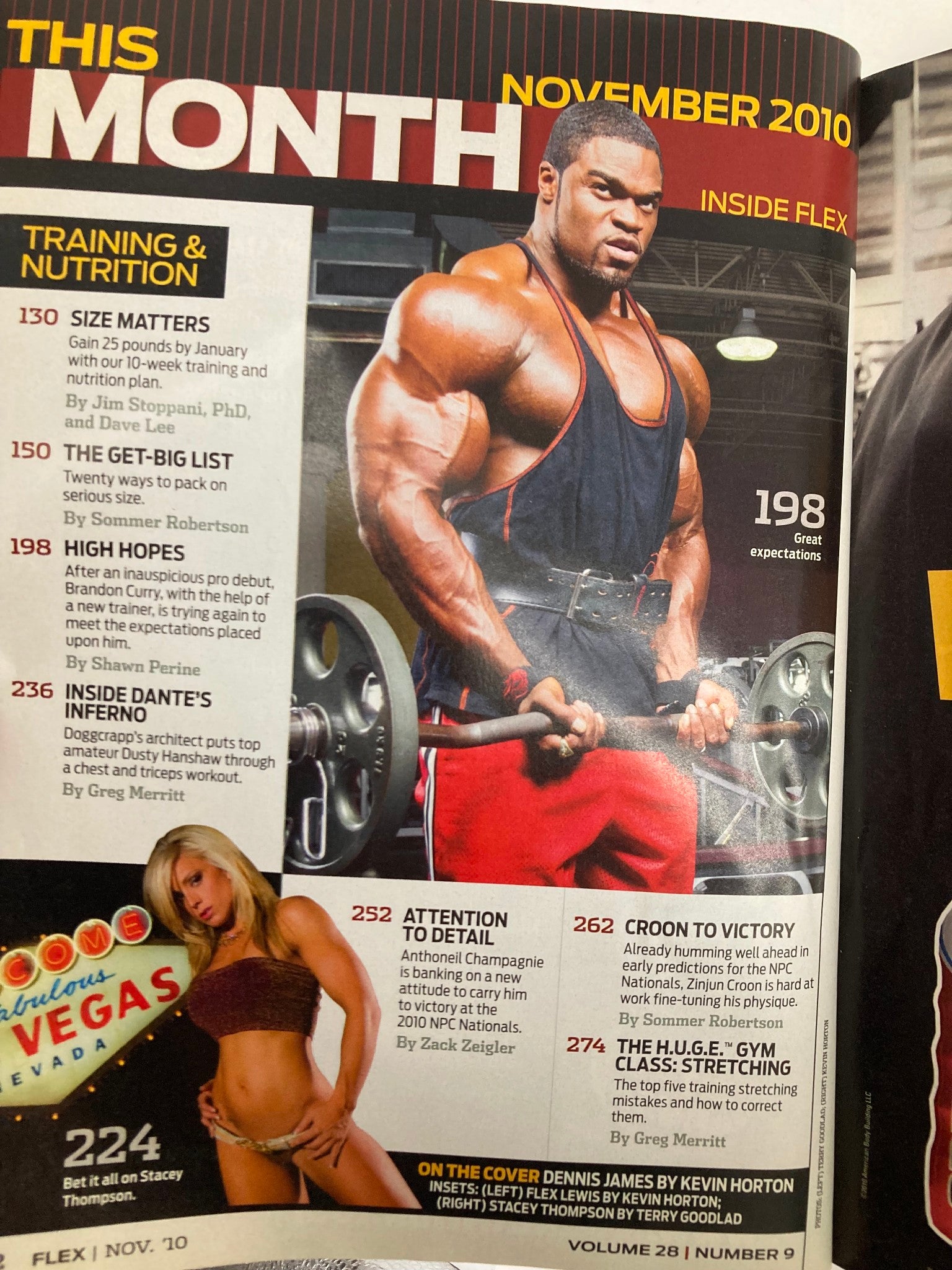 Inside page of Flex Magazine November 2010, Vol 28 #9, highlighting Dennis James in a workout pose with articles on training and nutrition.