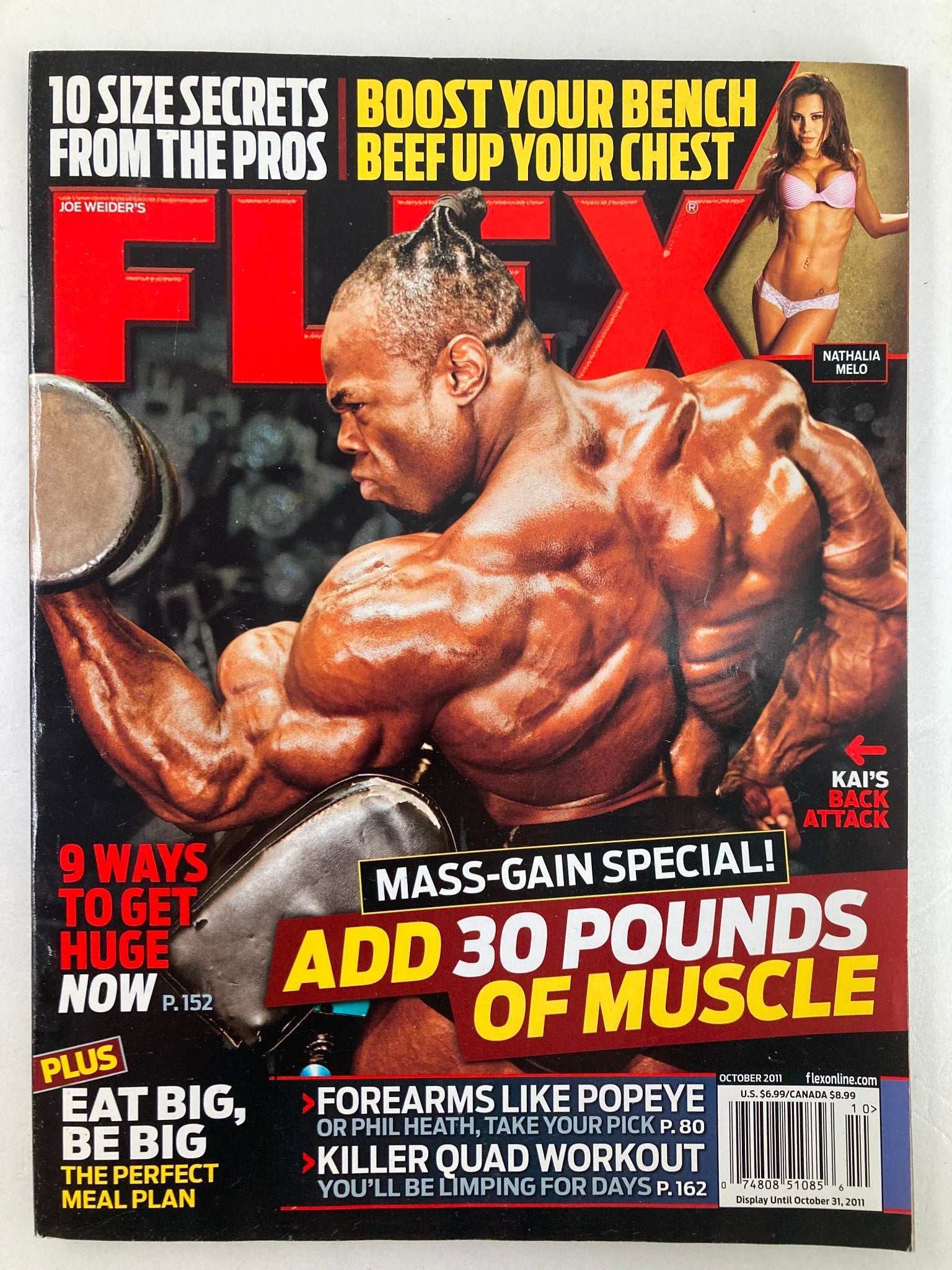 Cover of Flex Magazine October 2011 Vol 29 #8 featuring Kai Greene and Nathalia Melo, showcasing fitness and bodybuilding themes.