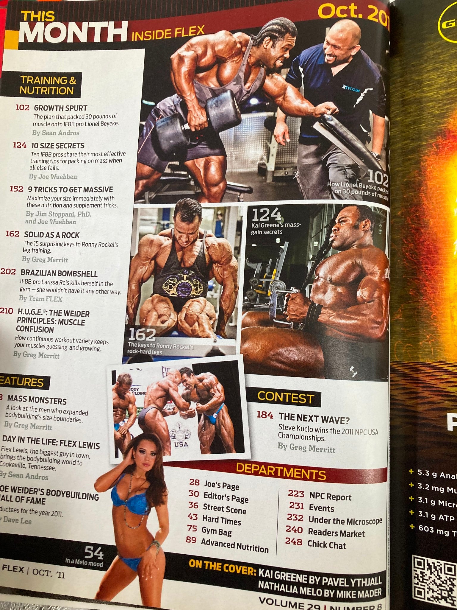 Contents page of Flex Magazine October 2011 Vol 29 #8, highlighting topics on training, nutrition, and profiles of athletes in bodybuilding.