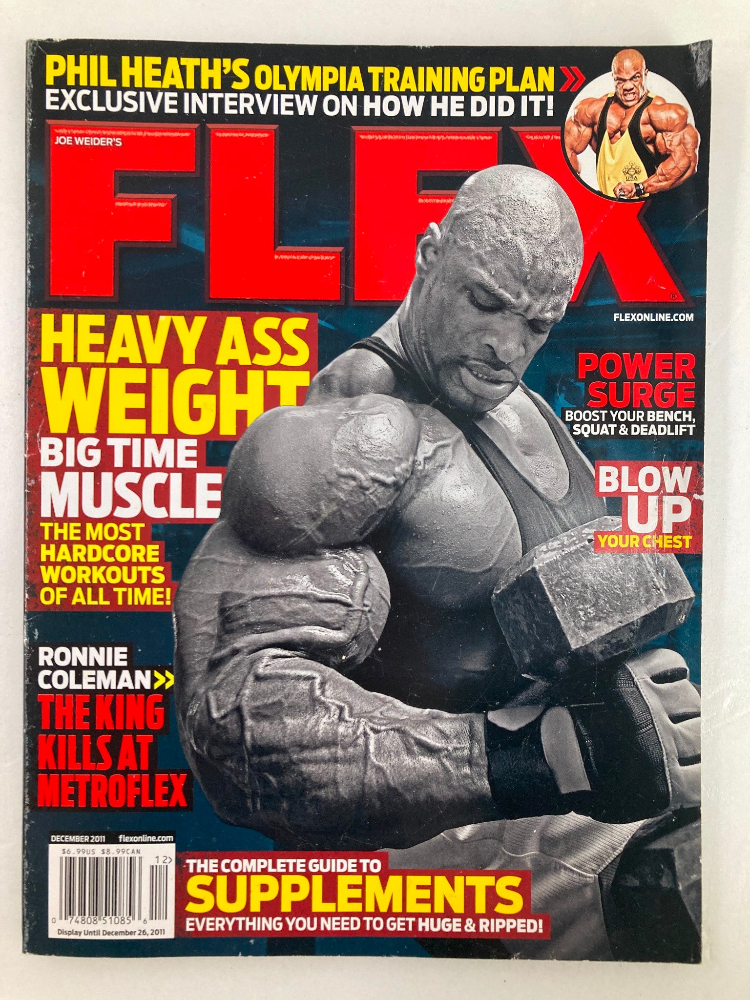 Flex Magazine December 2011 cover featuring Ronnie Coleman, The King, showcasing his bodybuilding prowess while lifting weights at Metroflex Gym.
