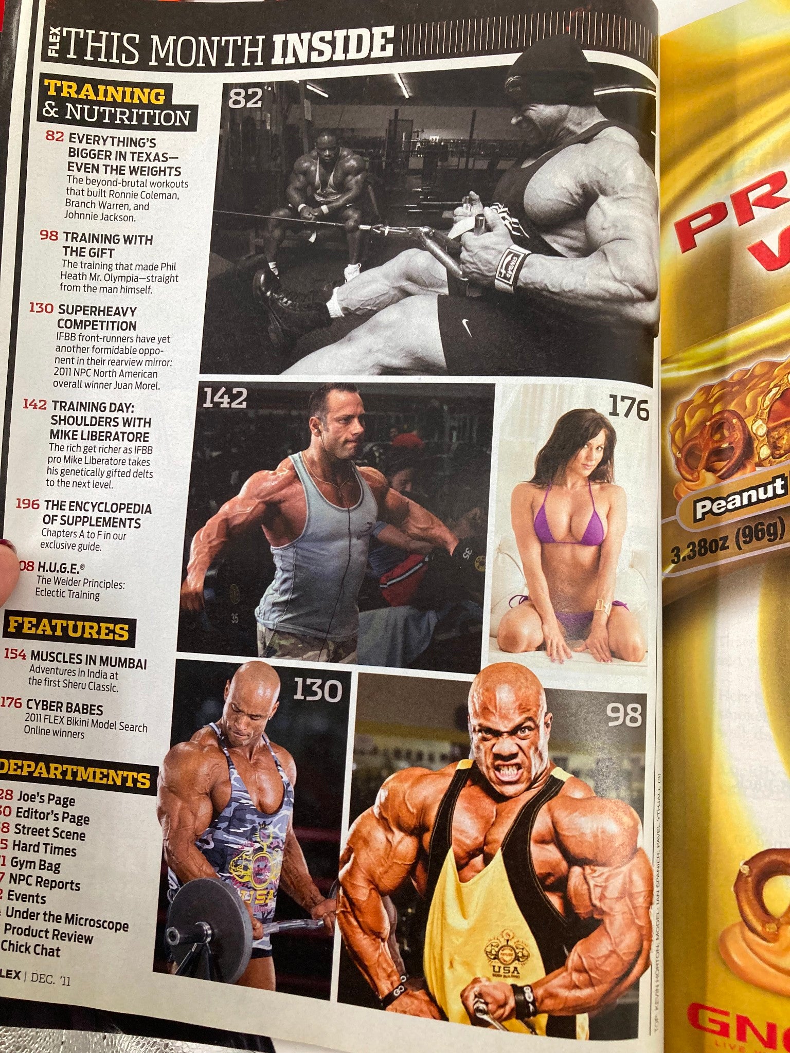Inside page of Flex Magazine December 2011, highlighting articles on training and nutrition, with Ronnie Coleman featured prominently along with other fitness models and exercises.