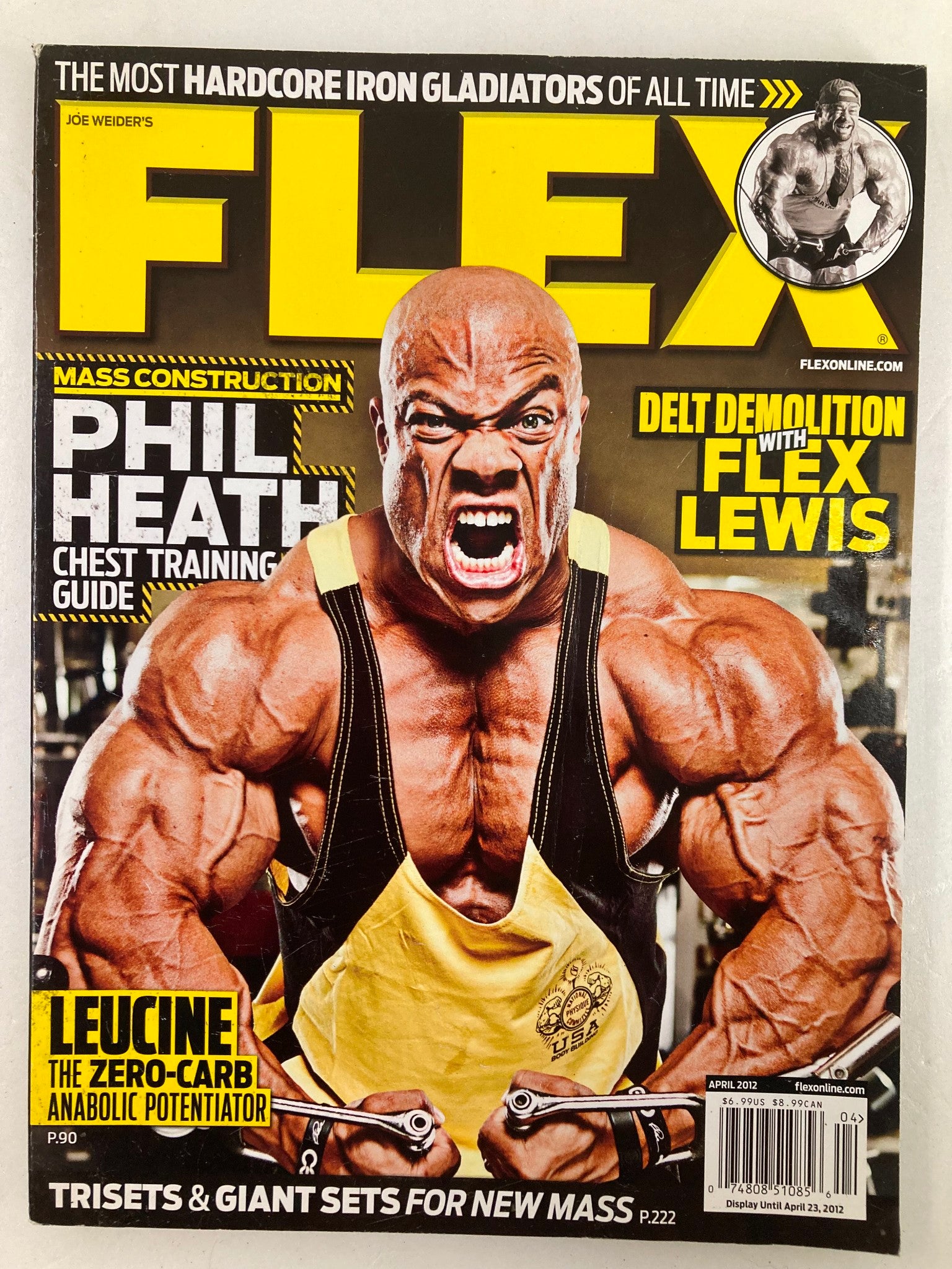 Flex Magazine April 2012 featuring Phil Heath on the cover, showcasing a chest training guide with Flex Lewis, focusing on bodybuilding techniques and tips for strength training.