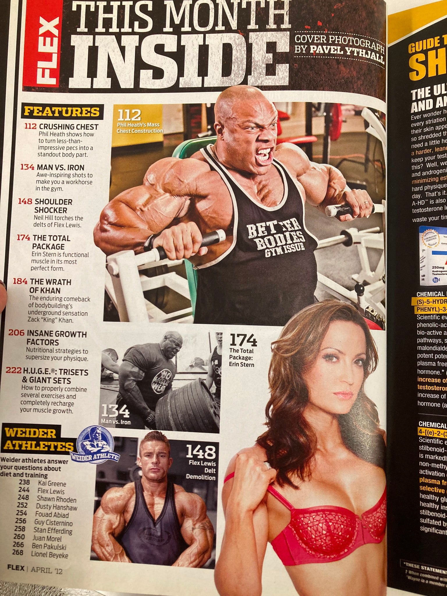 Flex Magazine April 2012 cover featuring Phil Heath showcasing his chest training routine, with a focus on bodybuilding techniques. Includes additional images of athletes and a feature on Flex Lewis.