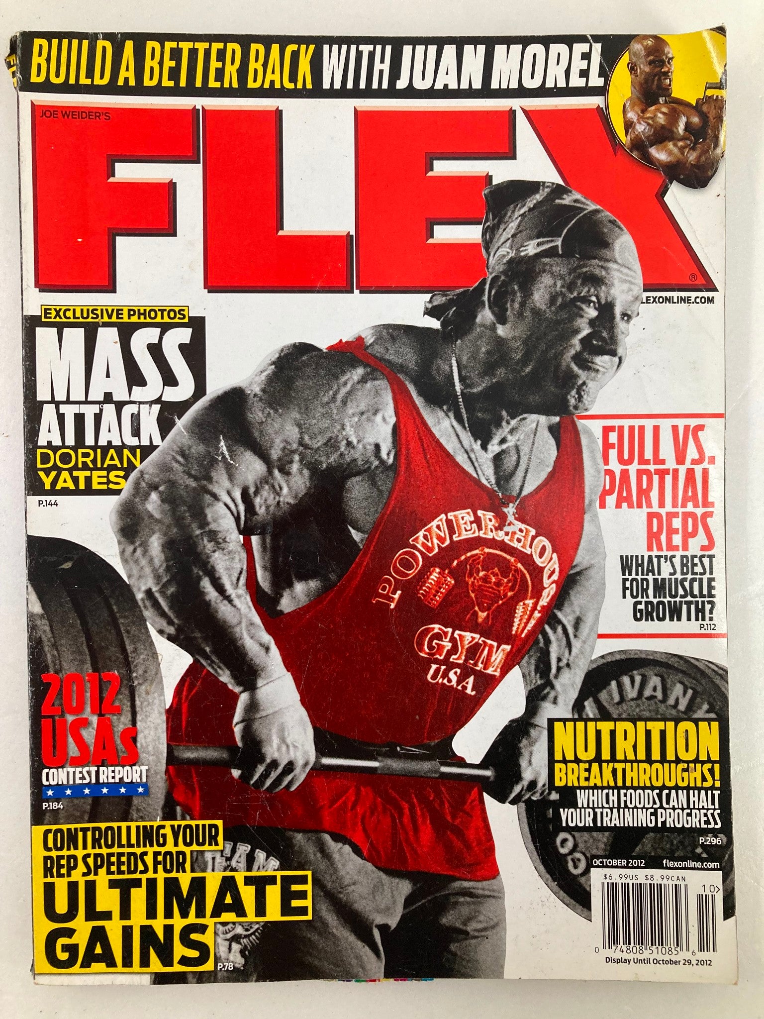 Cover of Flex Magazine October 2012 featuring Dorian Yates and Juan Morel, showcasing muscle-building advice and fitness content.