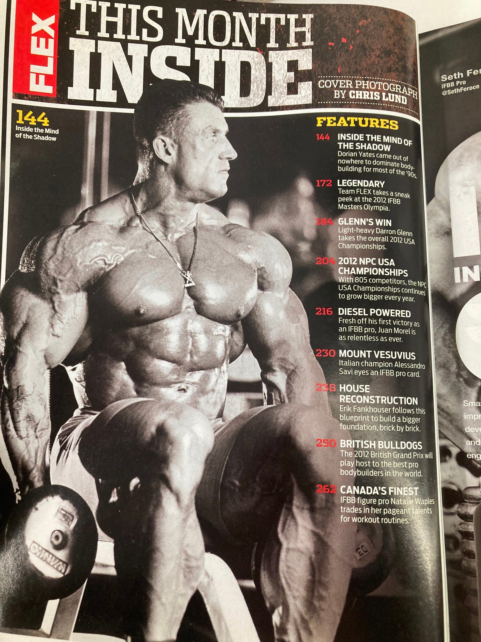 Inside content of Flex Magazine October 2012 with feature highlights including nutritional breakthroughs and fitness tips, photographed by Chris Lund.