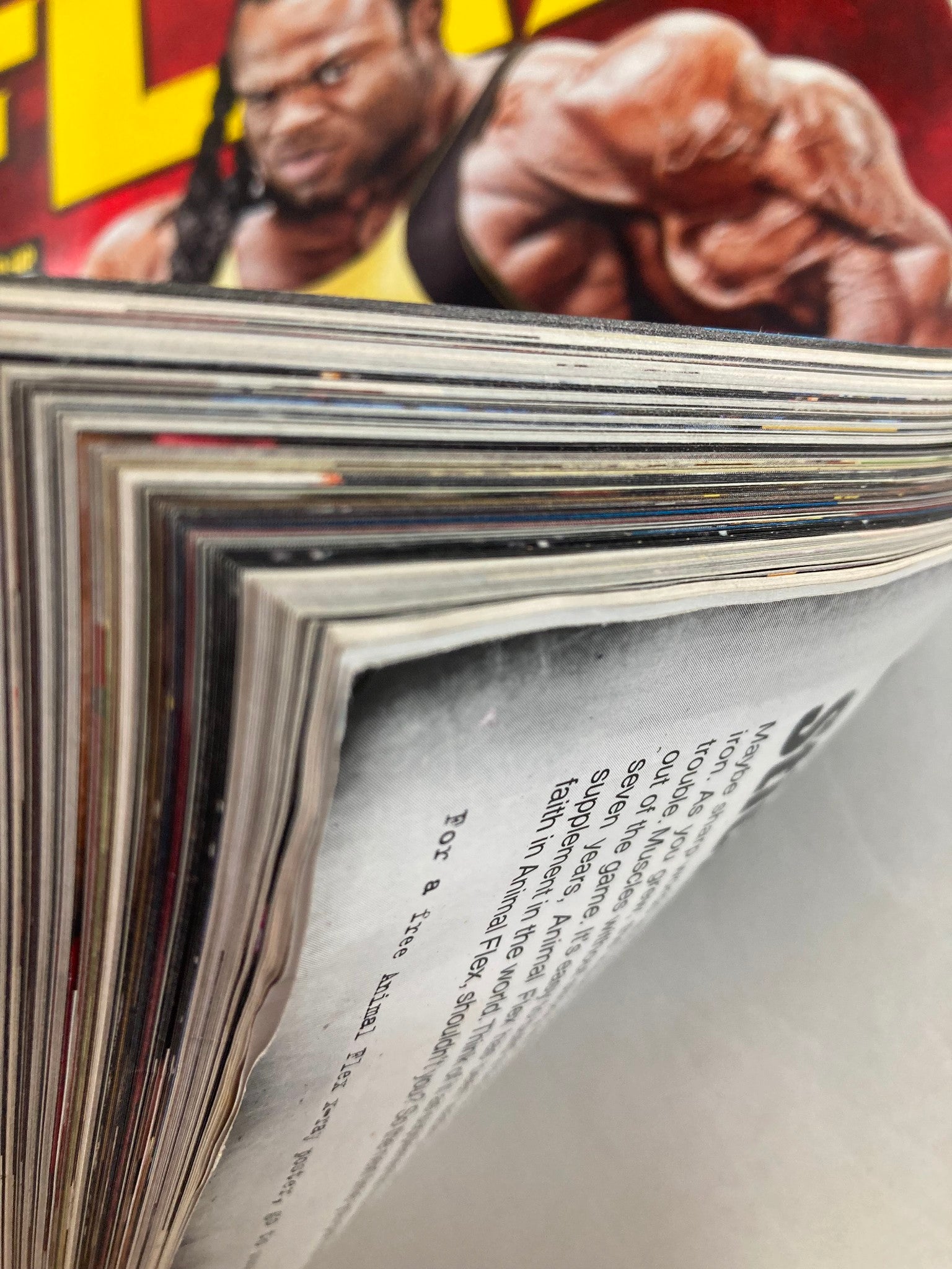 Flex Magazine January 2013 featuring a thick spine and pages, showcasing the cover athletes, Kai Greene and Shawn Rhoden, in good condition with minor wear.