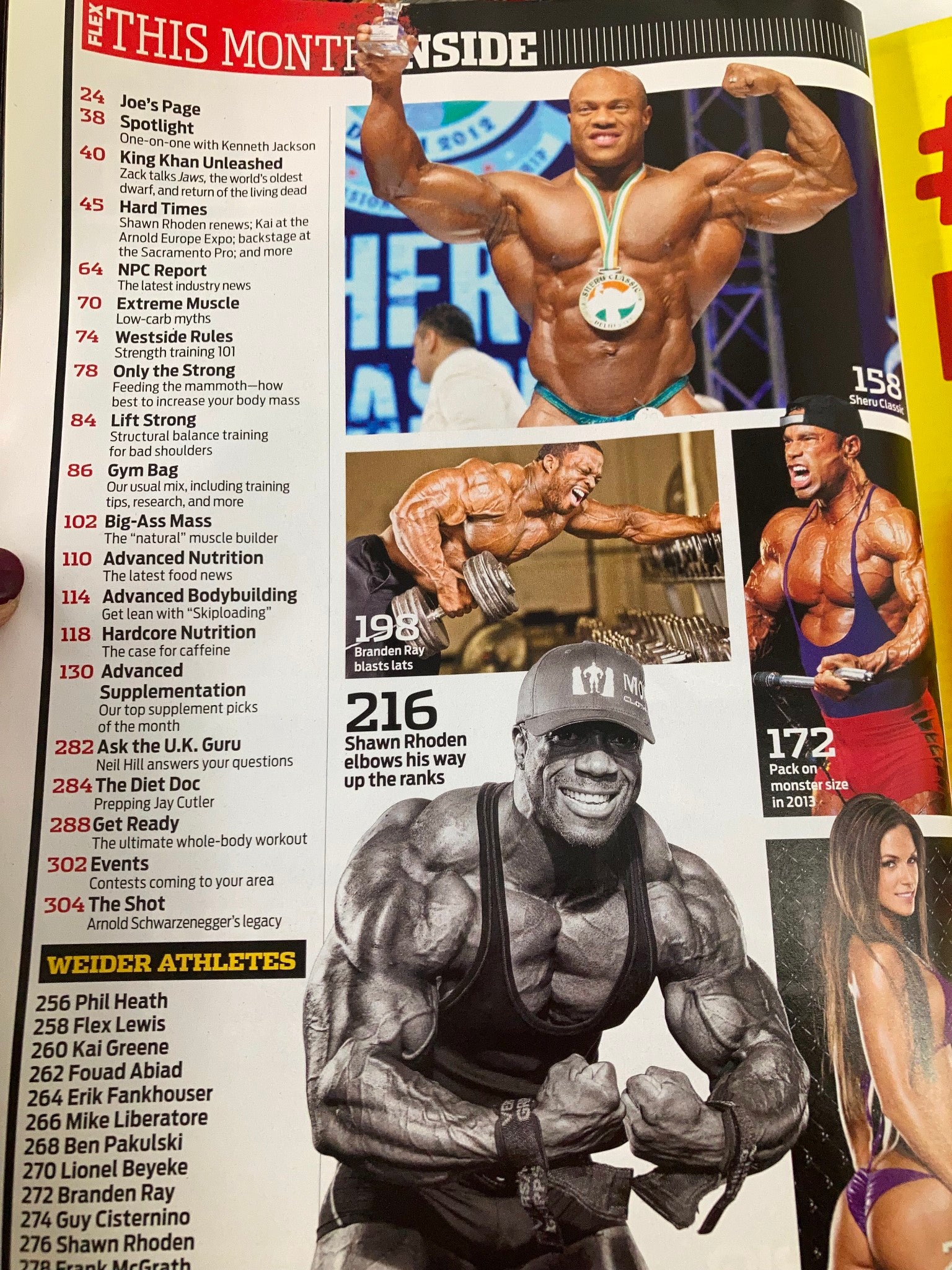 Inside page of Flex Magazine January 2013, displaying the content list with professional bodybuilders including Kai Greene, Shawn Rhoden, and other competitors, emphasizing fitness and bodybuilding culture.