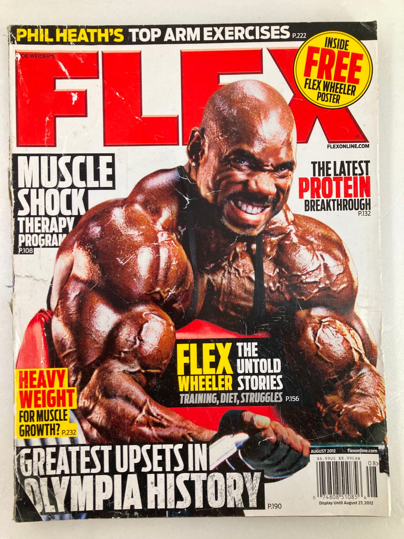 Flex Magazine August 2012 featuring Phil Heath on the cover, showcasing a muscular physique with headlines on bodybuilding tips and training, including a free poster inside.
