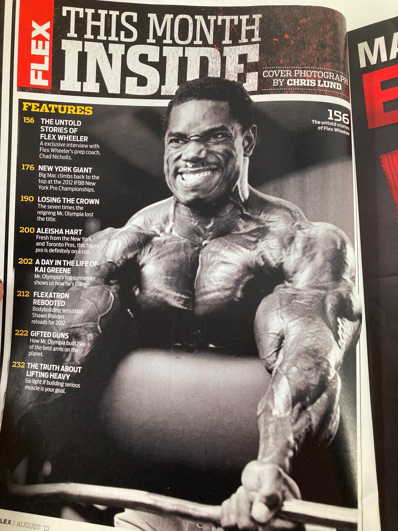 Inside page of Flex Magazine August 2012 featuring Flex Wheeler, discussing the secrets and stories of bodybuilding.