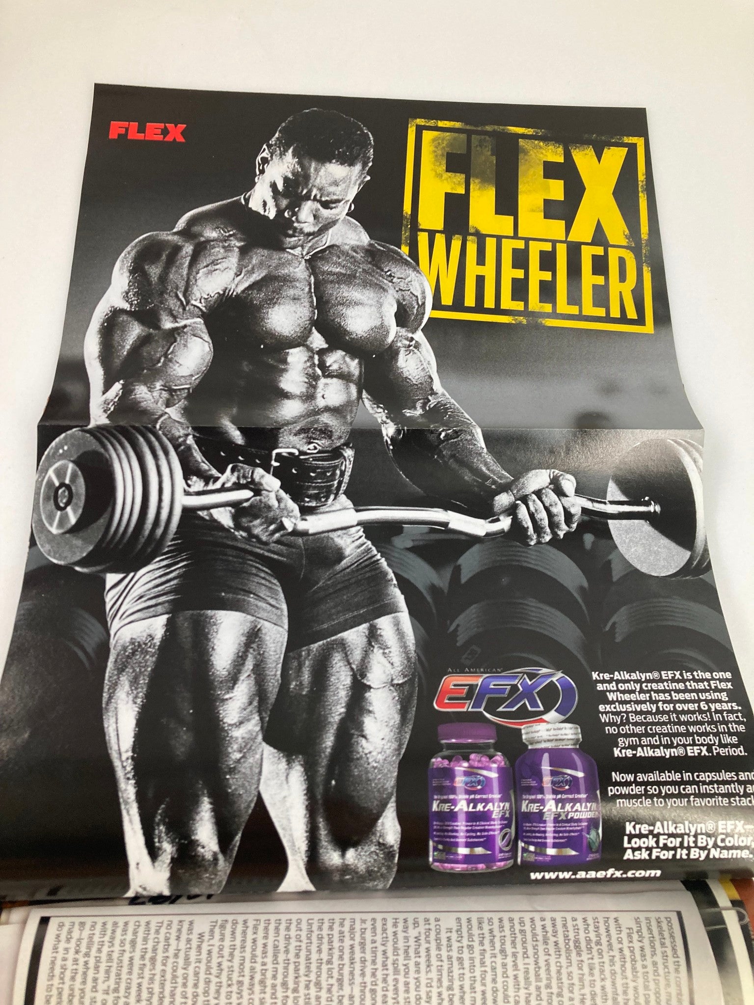Promo page from Flex Magazine August 2012, displaying Flex Wheeler lifting weights, promoting dietary supplements.
