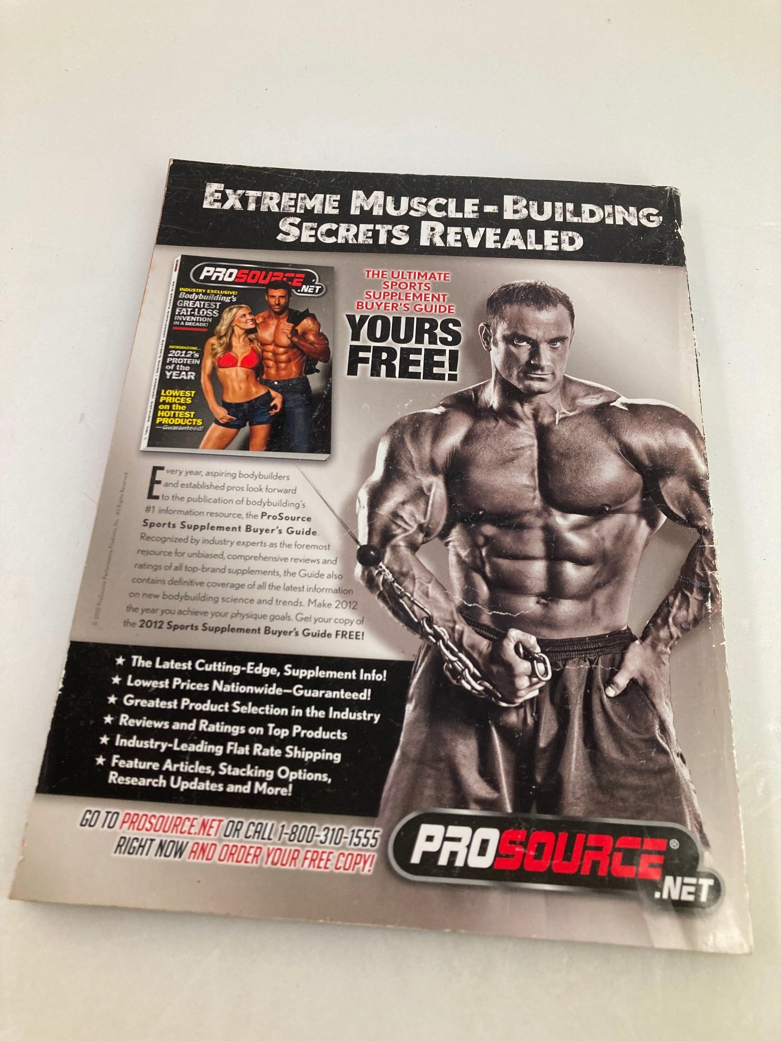Advertisement from Flex Magazine August 2012 featuring a guide on extreme muscle-building secrets with a muscular athlete.