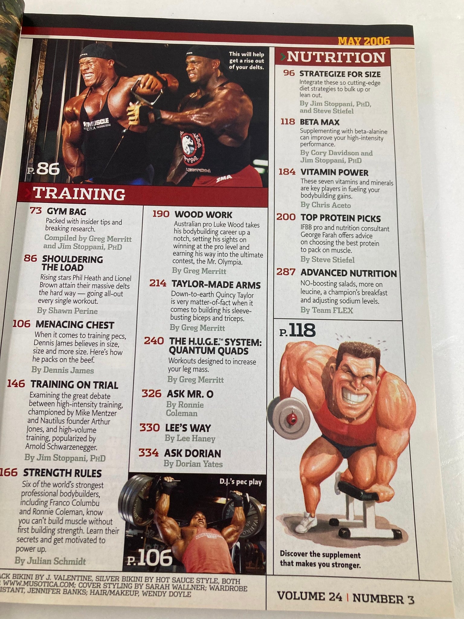 Inside page of Flex Magazine May 2006 Volume 24 #3 detailing nutrition and training topics, highlighting articles and features relevant to fitness enthusiasts.