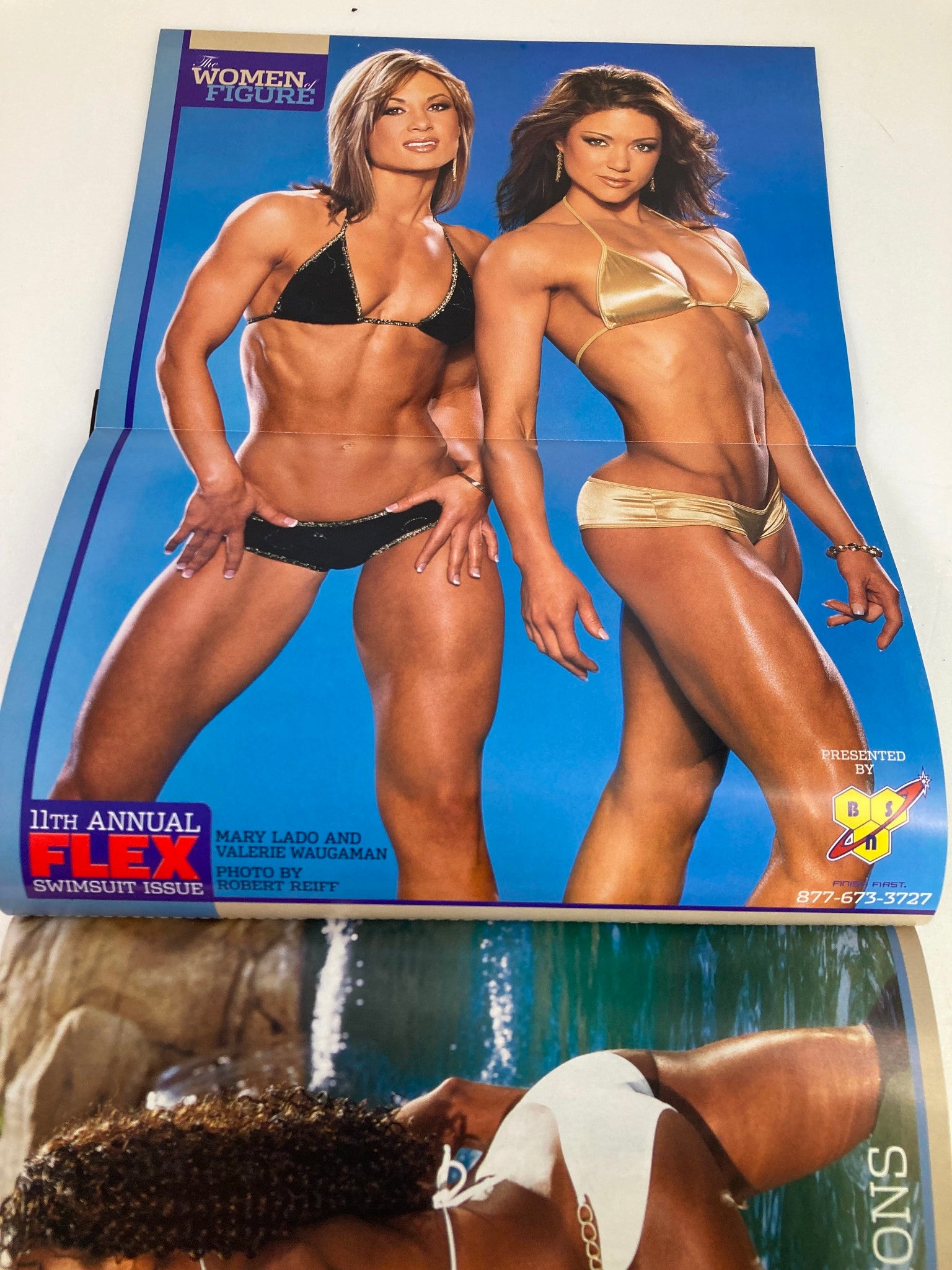 Poster from Flex Magazine May 2006 Vol 24 #3 featuring fitness models Mary Lado and Valerie Waugaman in swimwear, highlighting the 11th Annual Flex Swimsuit Issue, showcasing mid-2000s fitness culture.