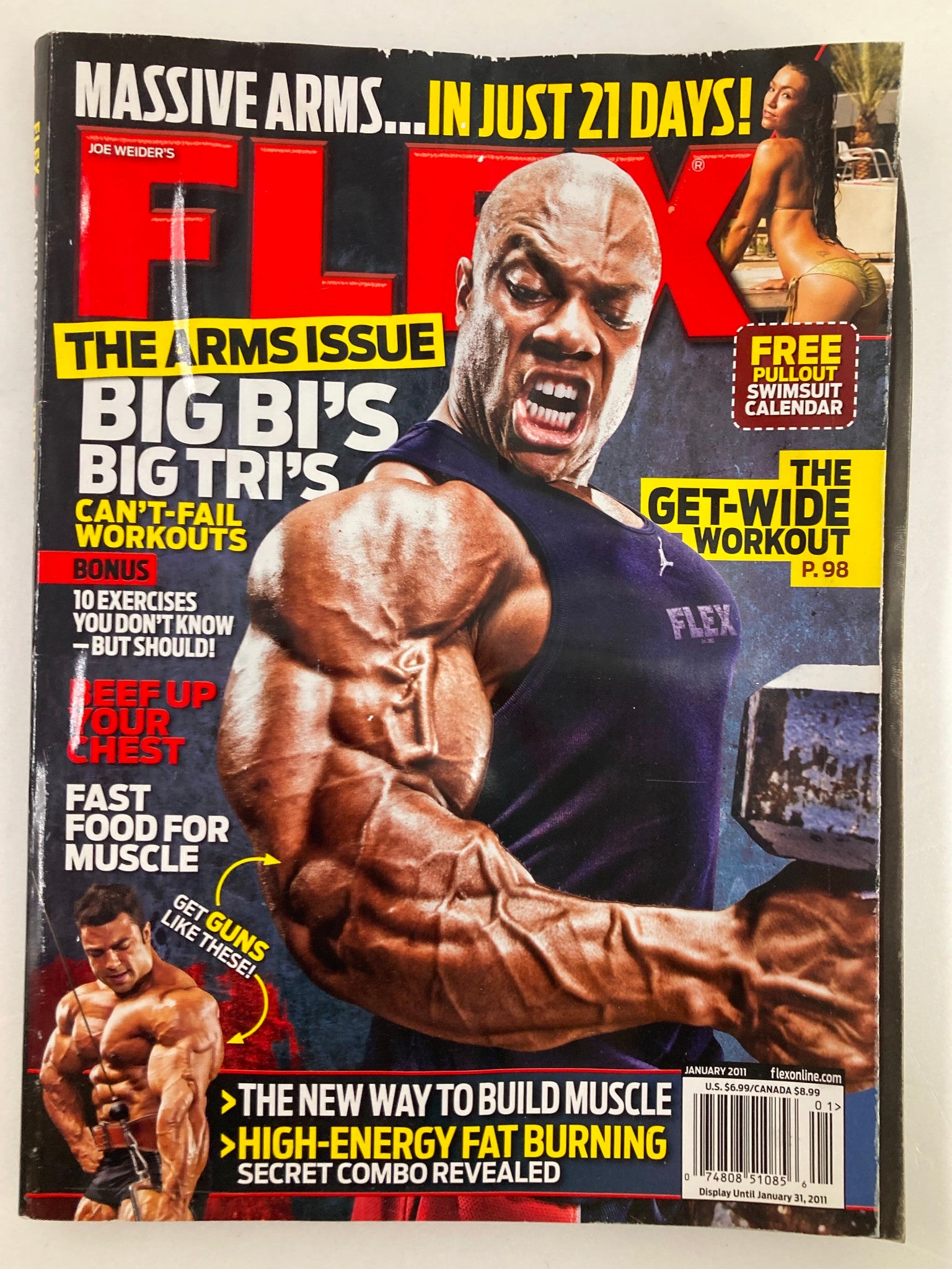 Cover of Flex Magazine January 2011 featuring Phil Heath, showcasing bodybuilding themes with the tagline 'Massive Arms...In Just 21 Days!' Includes workout tips and fitness advice, ideal for collectors and fitness enthusiasts.