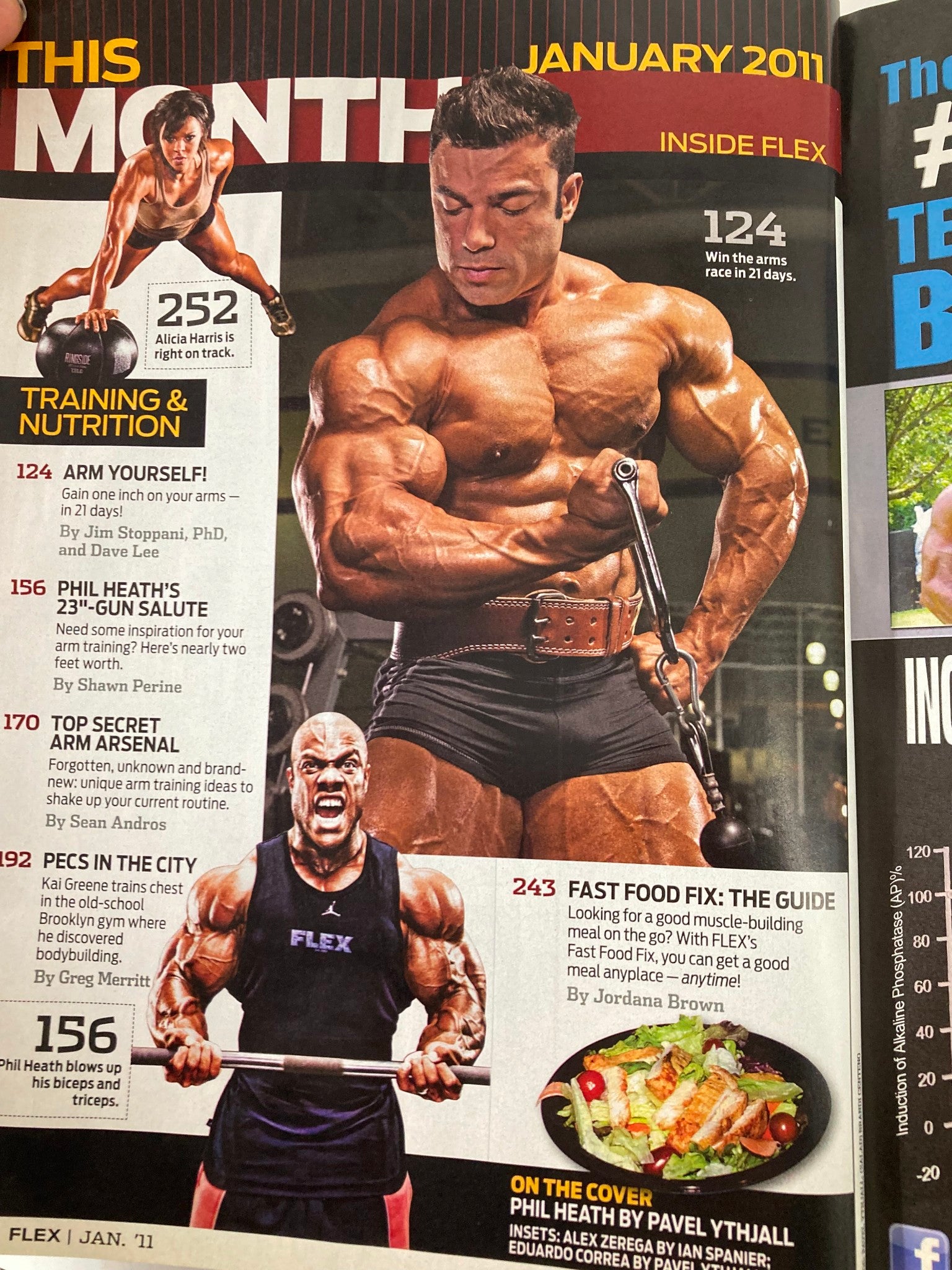 Contents page of Flex Magazine January 2011 detailing articles and features including Phil Heath and workout insights.
