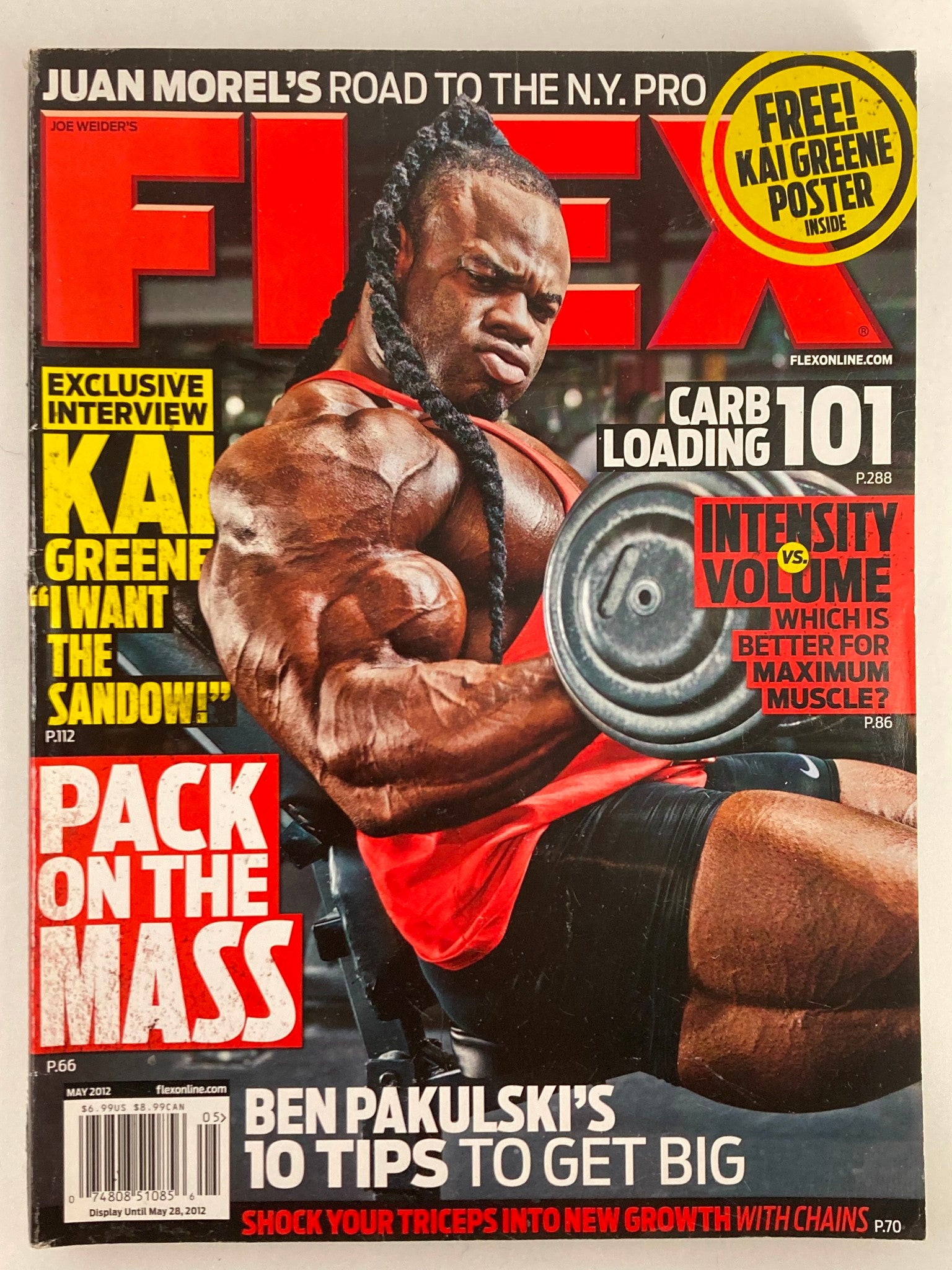 Flex Magazine May 2012 cover featuring Kai Greene showcasing his impressive physique while lifting weights, highlighting the theme of bodybuilding strength and training.