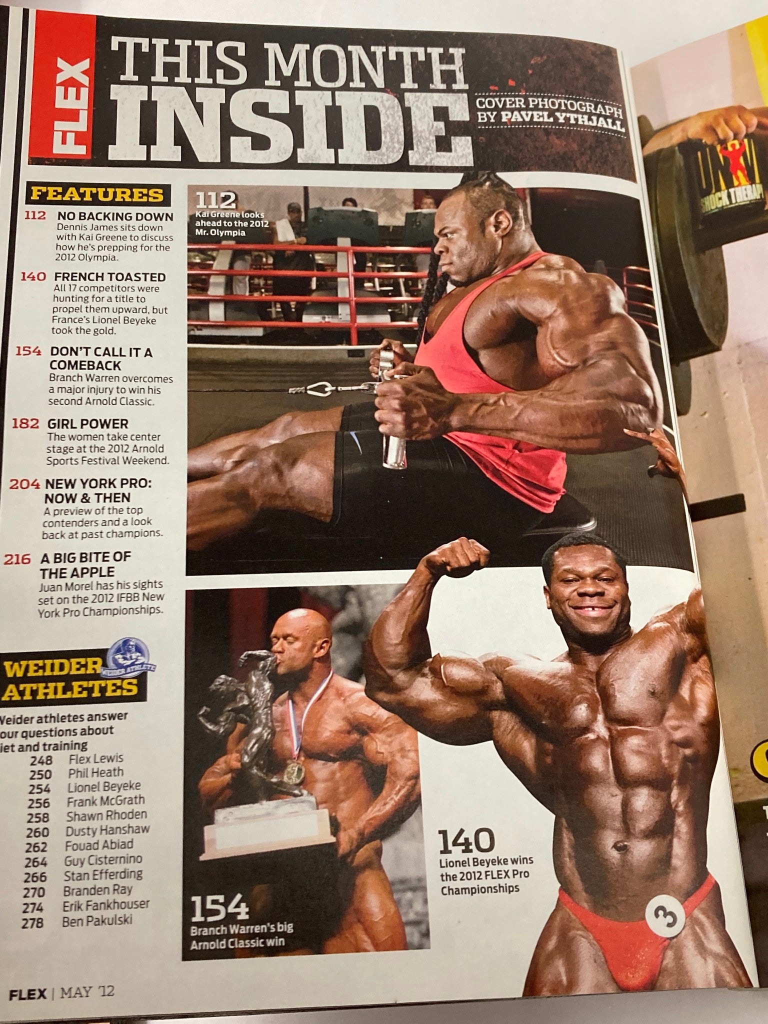Inside page of Flex Magazine May 2012 showcasing Lionel Beyeke in a classic bodybuilding pose, highlighting features on bodybuilding tips and athlete interviews.