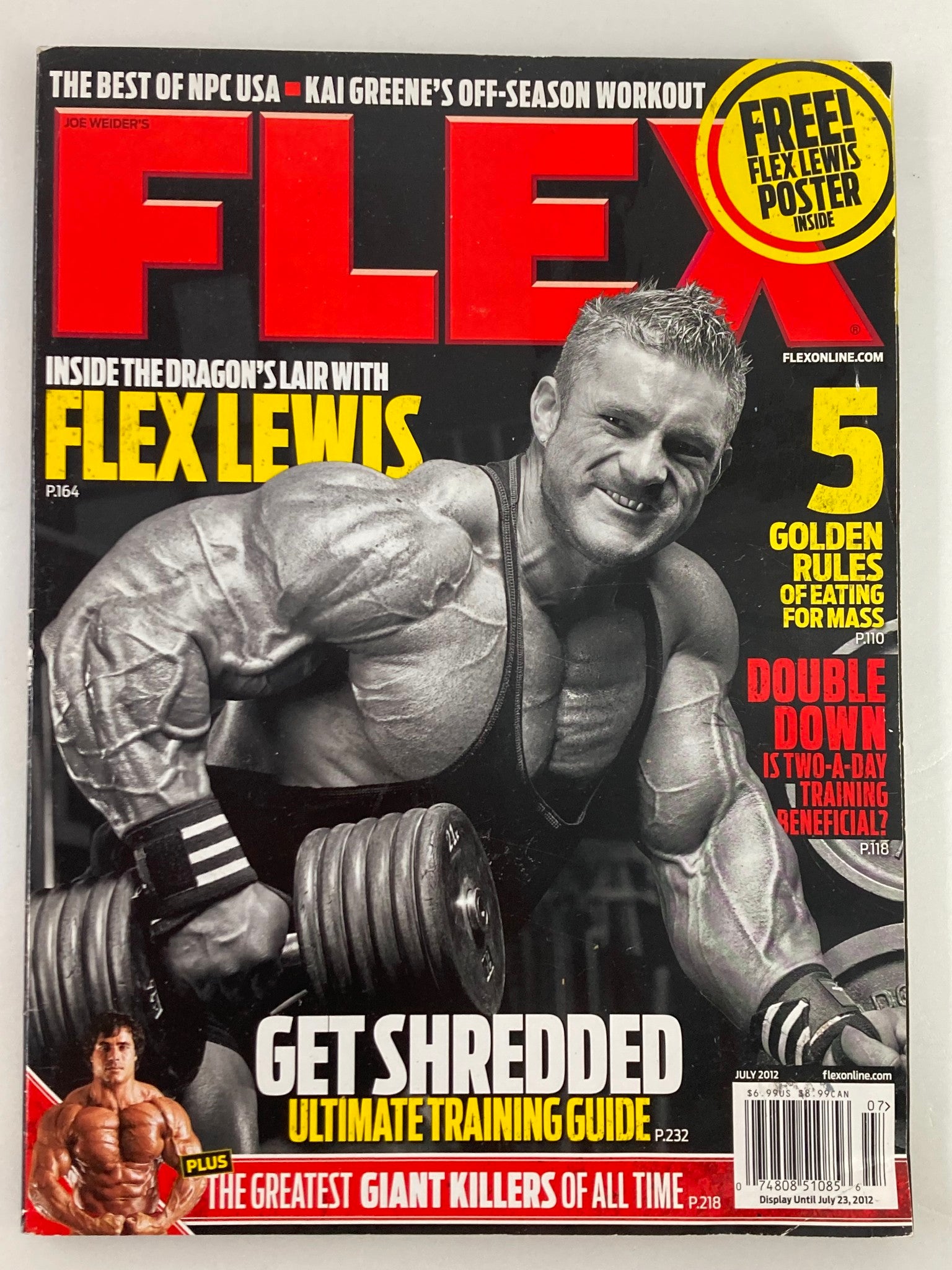 Flex Magazine July 2012 featuring Flex Lewis on the cover, showcasing his powerful physique, with the title 'Inside The Dragon's Lair'.