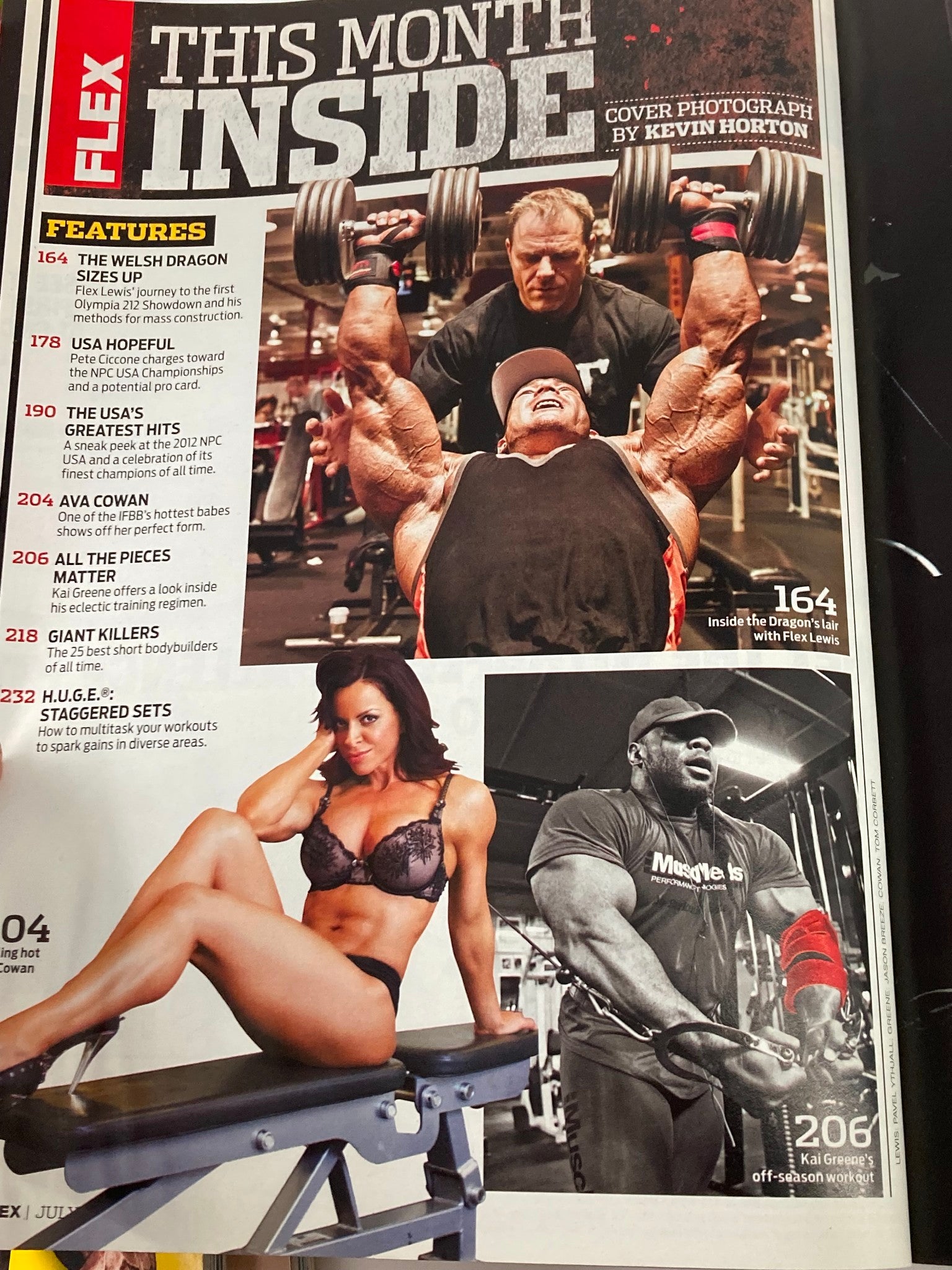 Interior page of Flex Magazine July 2012 highlighting features including Flex Lewis's training insights and a photograph of dynamic weightlifting.