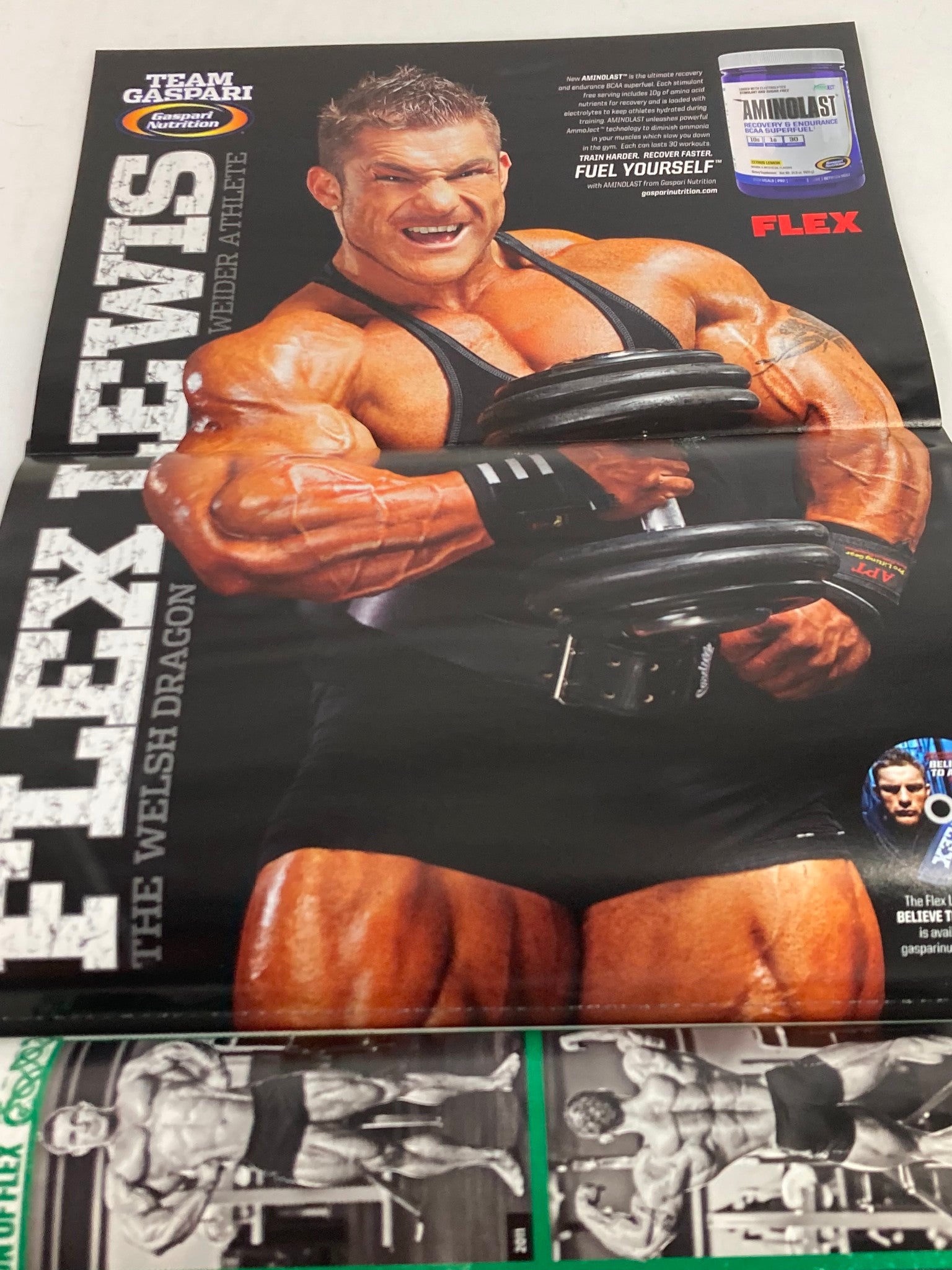 Fold-out poster of Flex Lewis from Flex Magazine July 2012, emphasizing his muscular build and intense workout, as part of 'Inside The Dragon's Lair'.