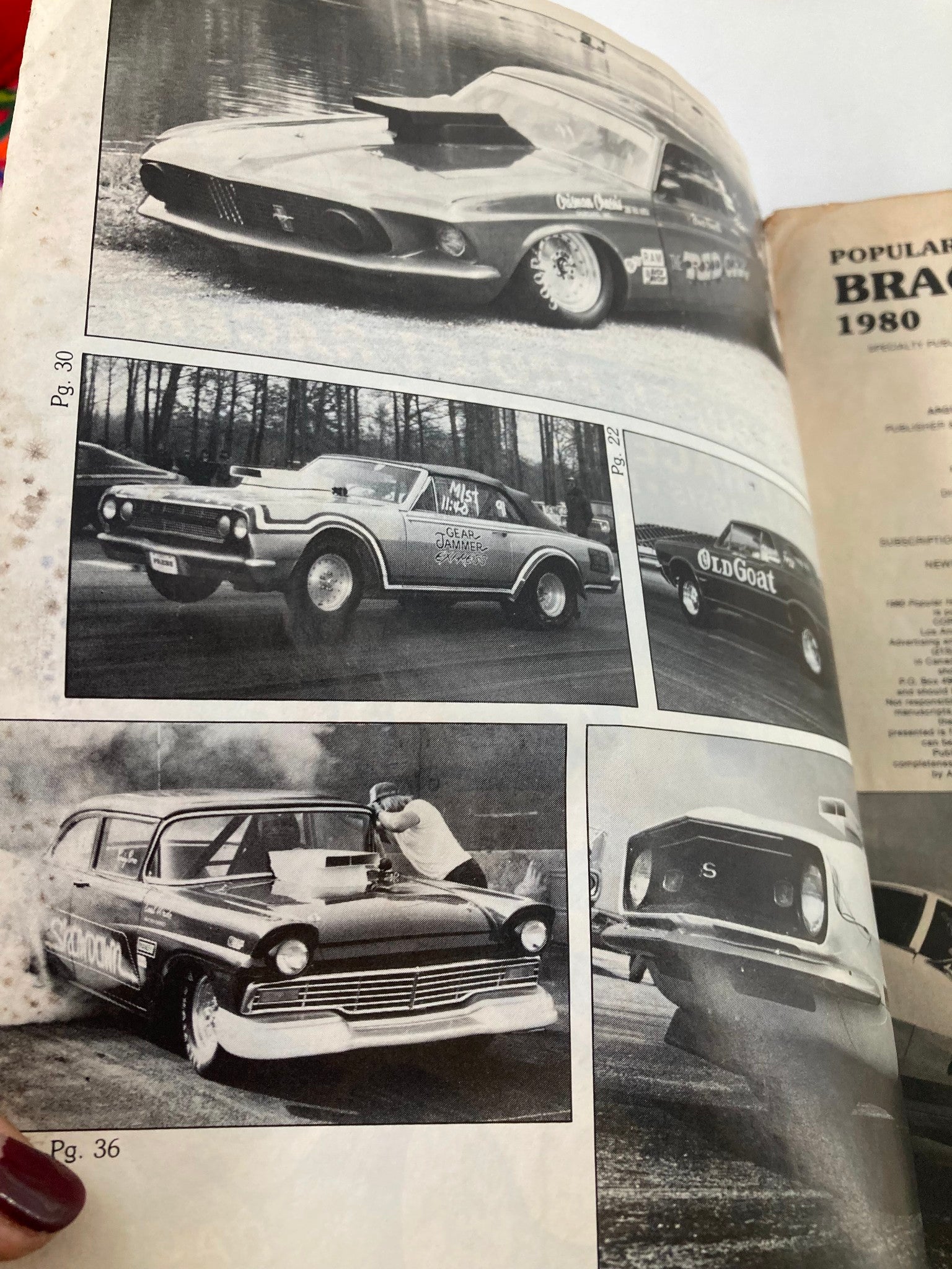 Close-up image of a drag racing car featured in VTG Bracket Racers Magazine 1980 Build A Super Pro ET Racer Setups, showcasing a vintage racing vehicle in action.
