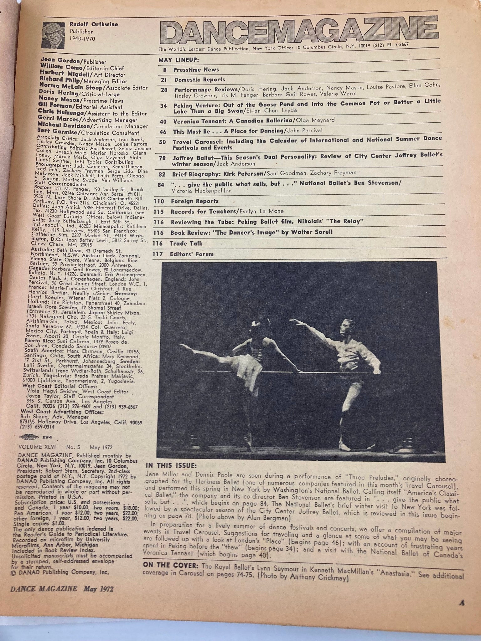 Interior page of VTG Dance Magazine May 1972 displaying the table of contents, featuring sections on dance events and productions.