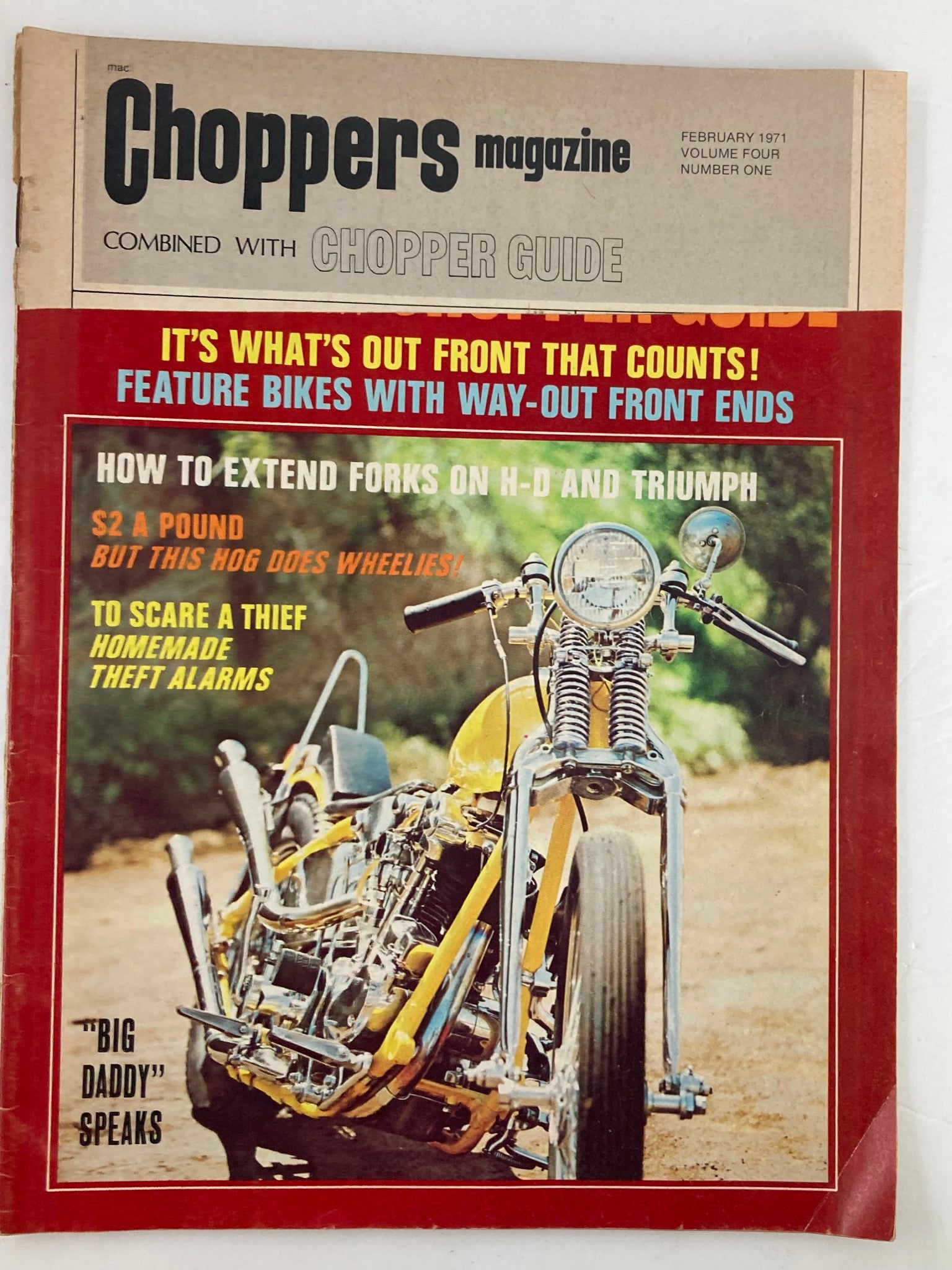 Cover of VTG Choppers Magazine February 1971 featuring a custom motorcycle and the article title 'To Scare A Thief: Homemade Theft Alarms' along with tips for extending forks on H-D and Triumph.