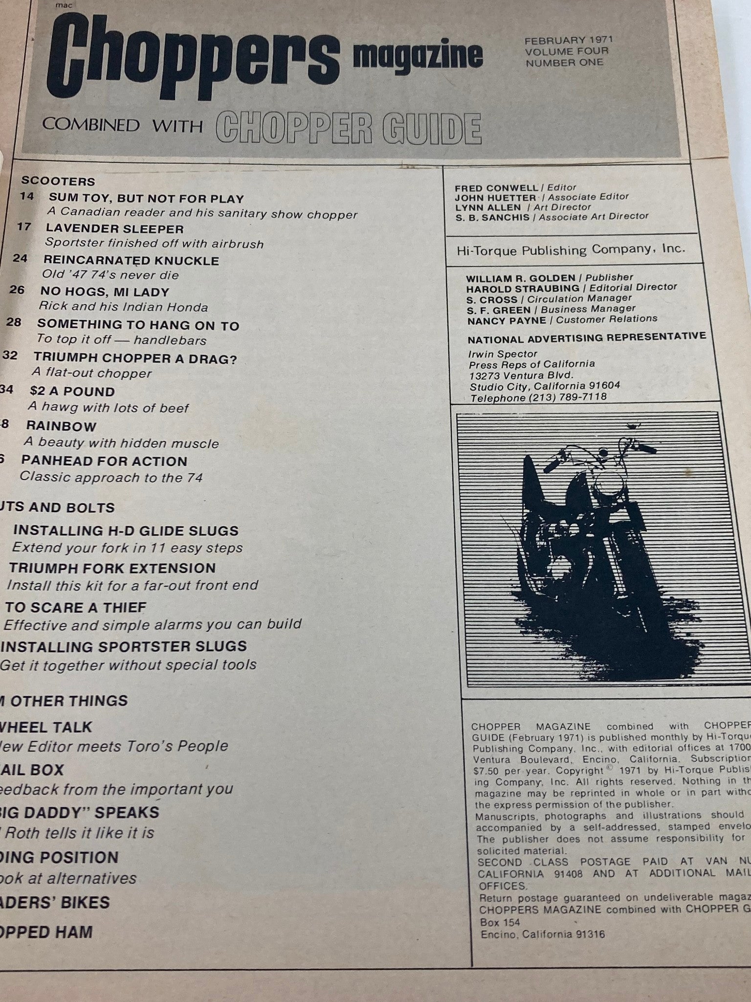 Table of contents from VTG Choppers Magazine February 1971, listing articles such as 'To Scare A Thief' and showcasing various motorcycle-related topics.