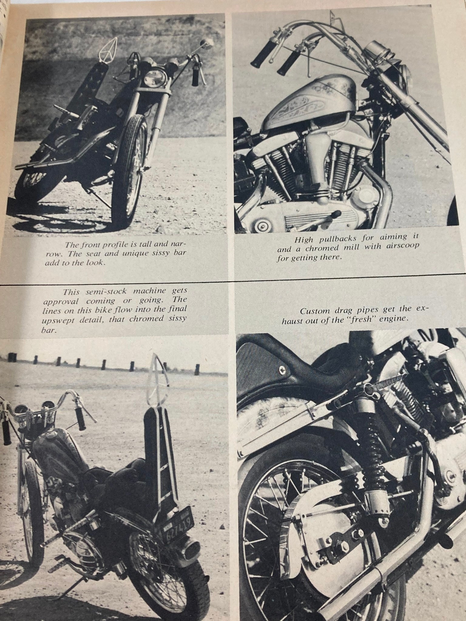 Black and white motorcycle images from VTG Choppers Magazine February 1971, showcasing unique designs with detailed descriptions of features.