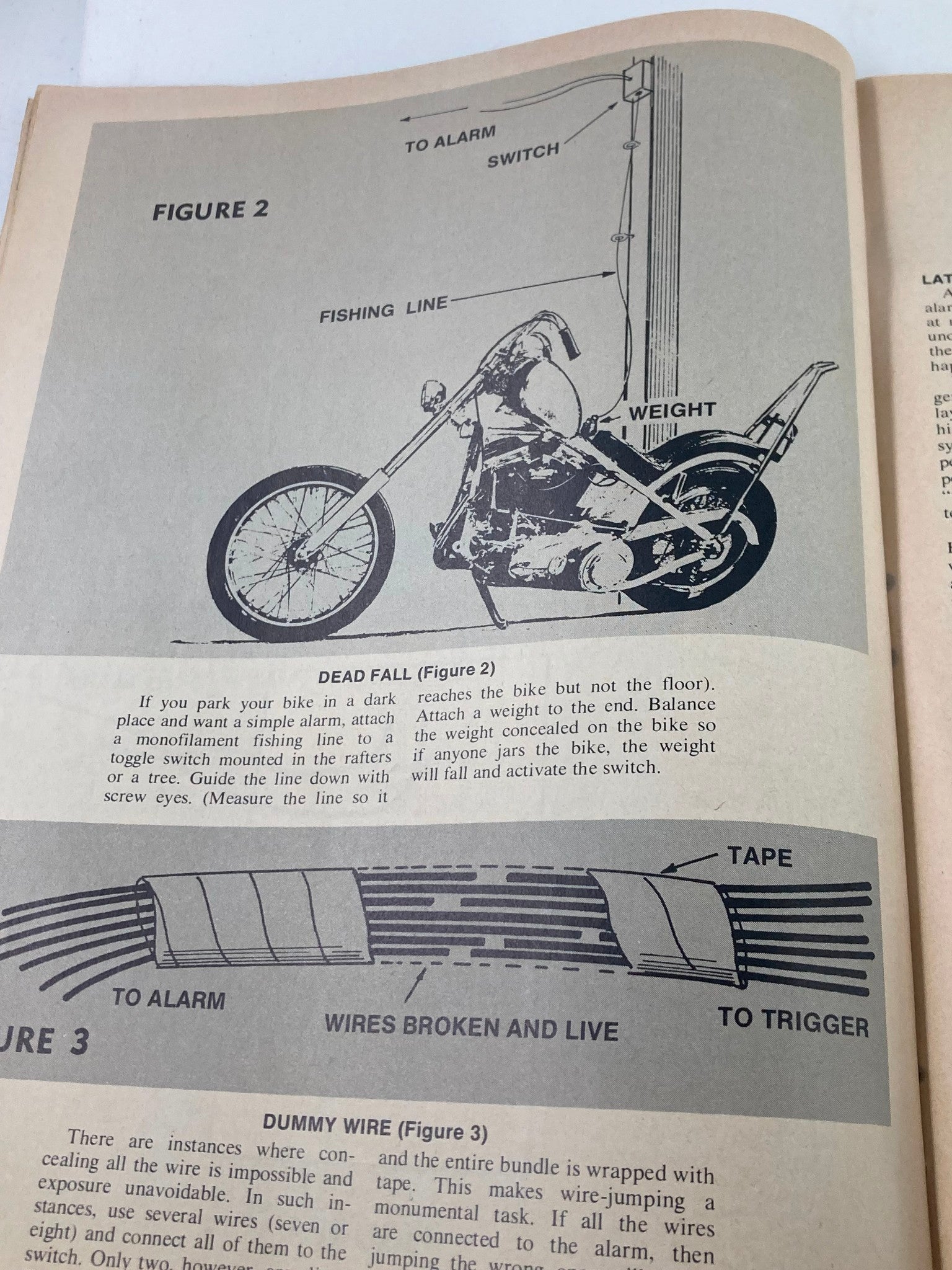 Diagram illustrating 'Dead Fall' alarm system for motorcycles from VTG Choppers Magazine February 1971, featuring instructions on a fishing line setup to trigger alarm.