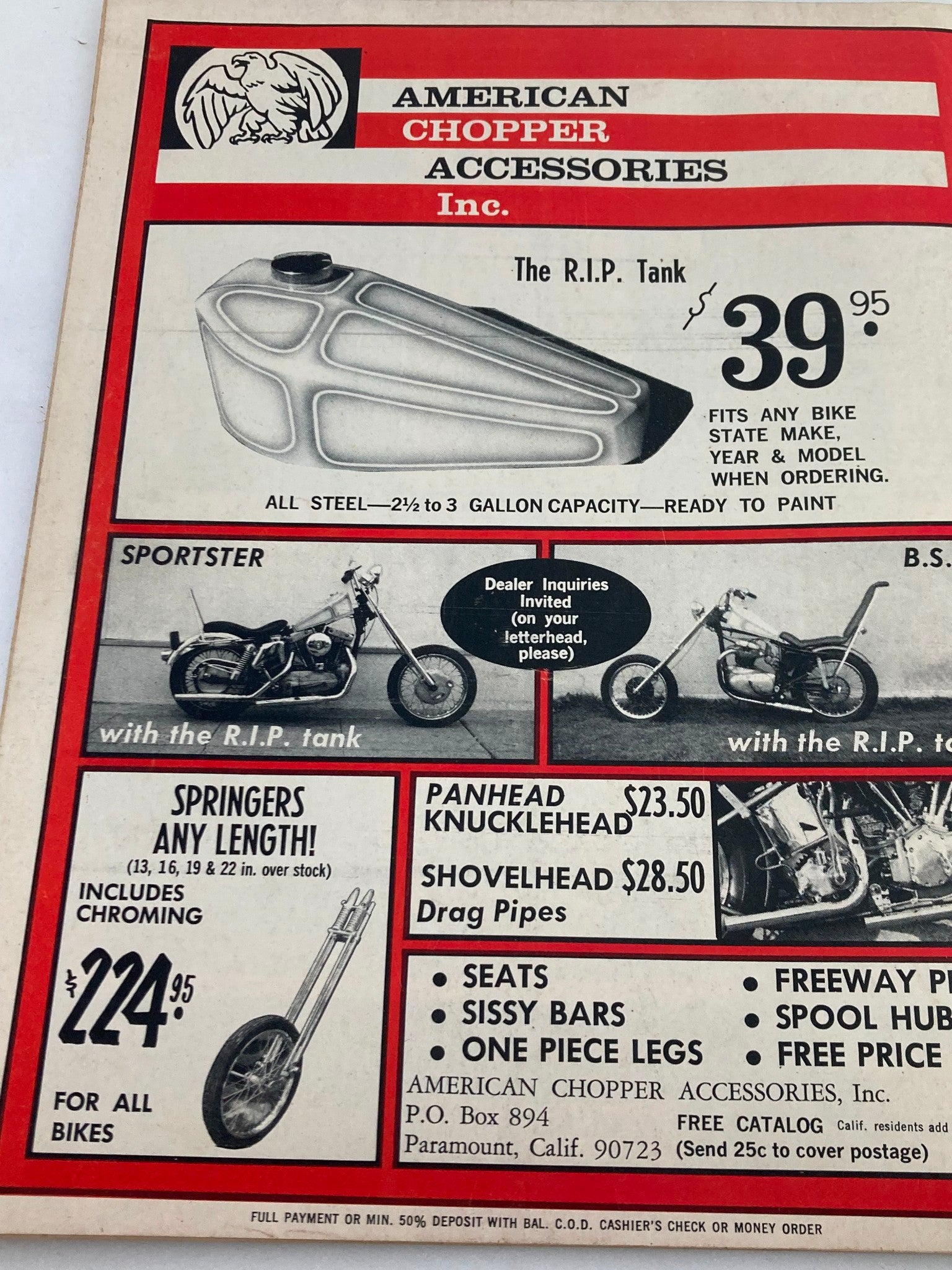 Advertisement for American Chopper Accessories in VTG Choppers Magazine February 1971, showcasing motorcycle parts including the R.I.P tank and springers with pricing.