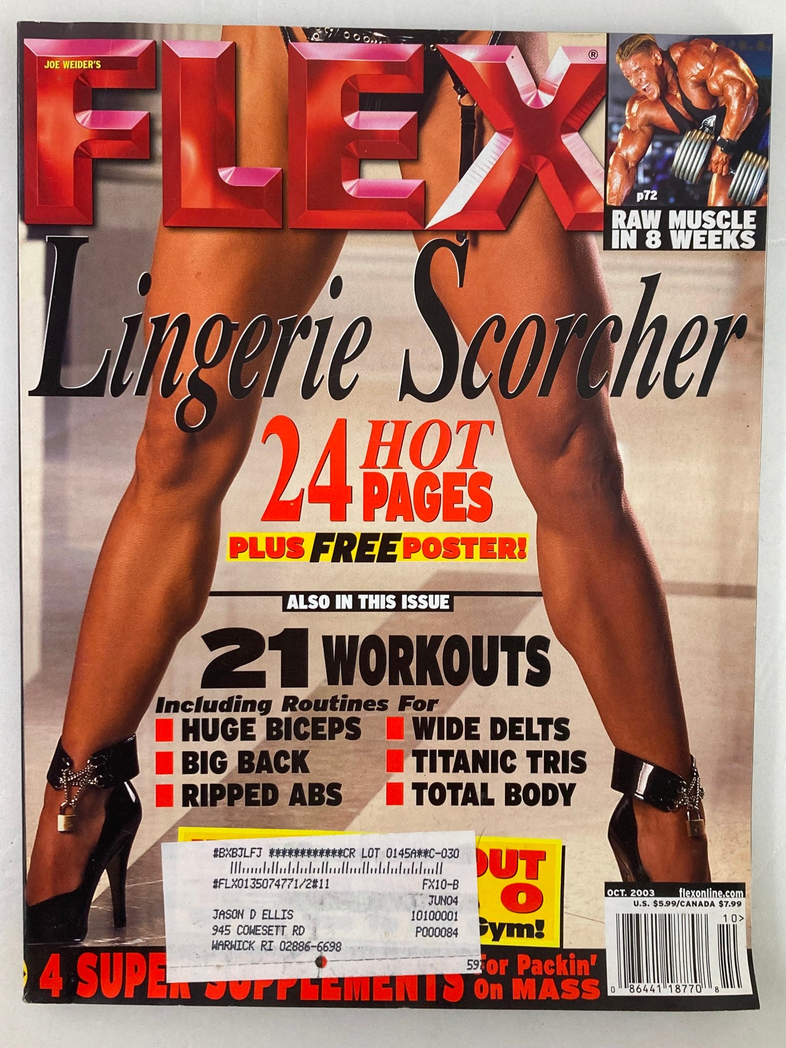 Cover of Flex Magazine October 2003 featuring a vintage bodybuilding theme with the title 'Flex' prominently displayed, including a teaser for a free poster and highlighting contents such as workouts and training advice.