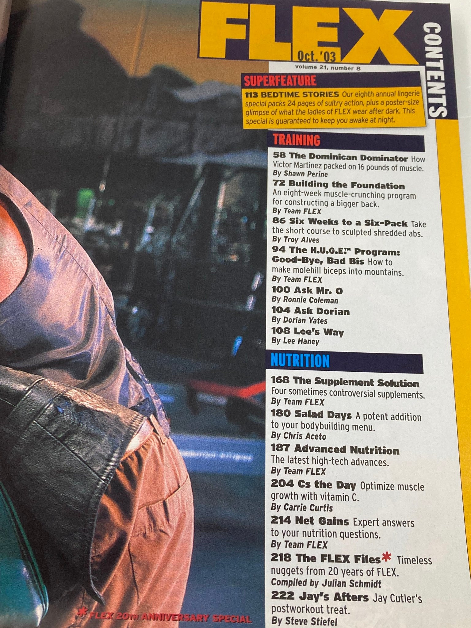 Table of contents page from Flex Magazine October 2003, providing insights into the articles, workouts, and nutritional solutions featured in the issue.