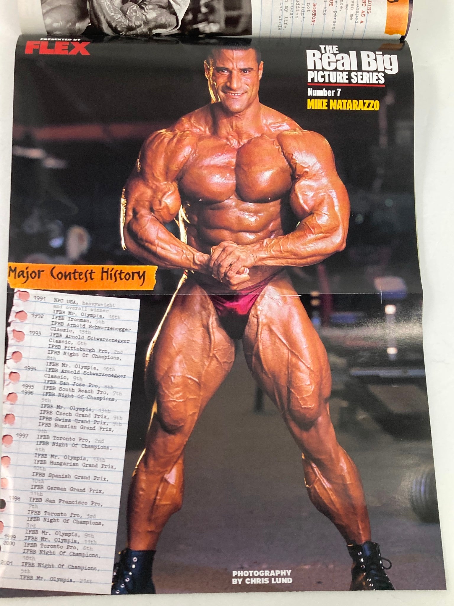 A powerful physique of bodybuilder Mike Matarazzo showcased in Flex Magazine October 2003 as part of 'The Real Big Picture Series', celebrating major contest history.
