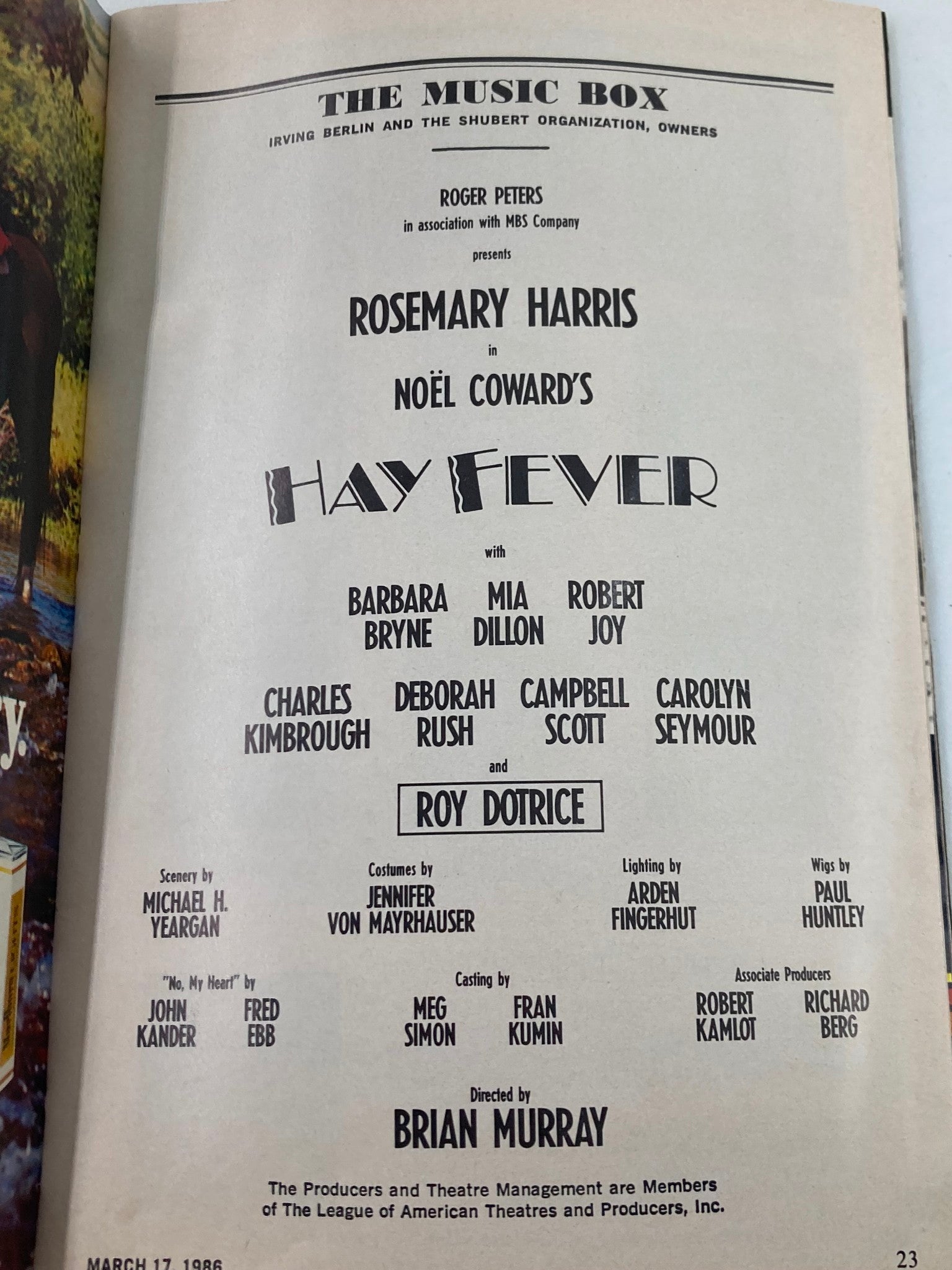 1986 Playbill The Music Box Rosemarry Harris, Barbara Bryne in Hay Fever