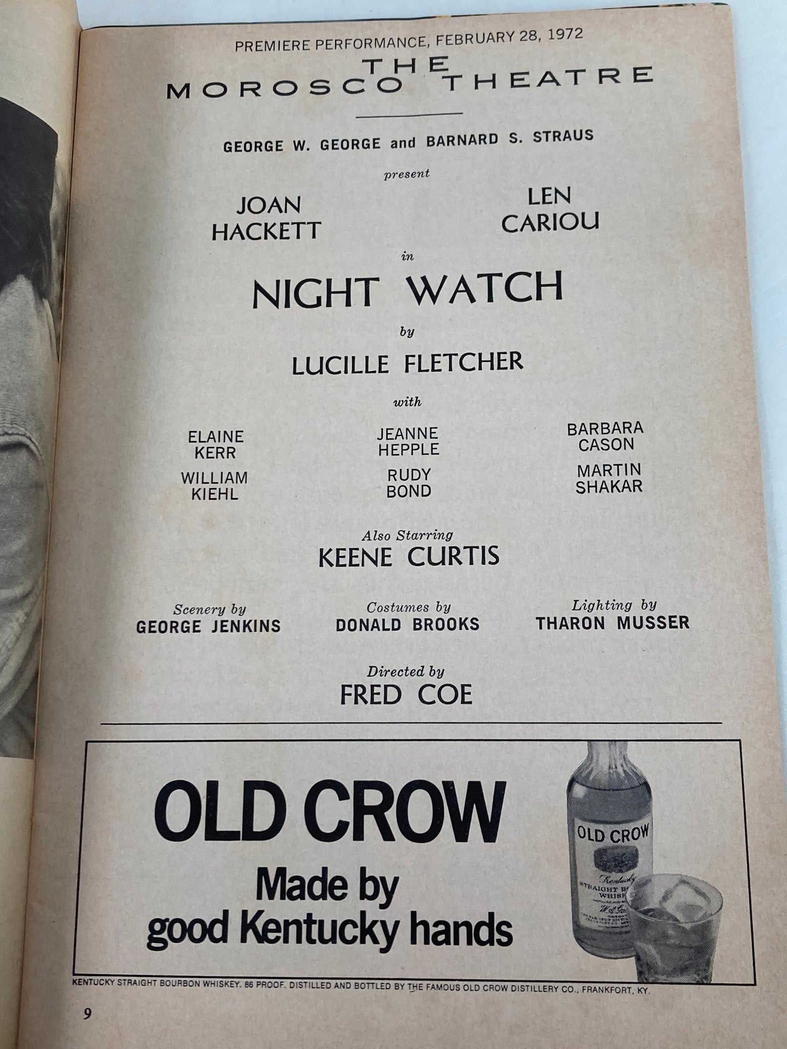 1972 Playbill The Morosco Theatre Joan Hackett, Len Cariou in Night Watch