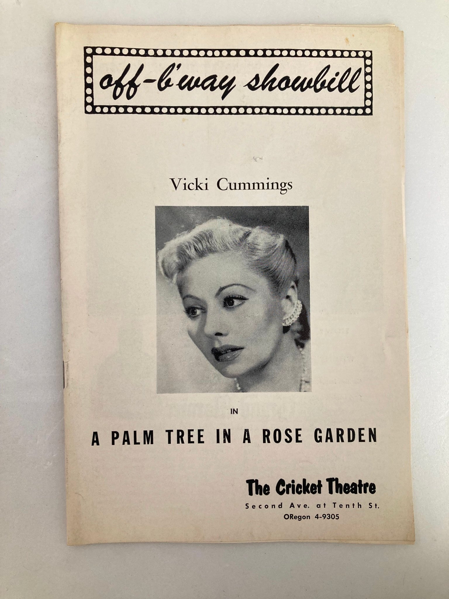 1958 Showbill The Cricket Theatre Vicki Cummings in A Palm Tree in Rose Garden