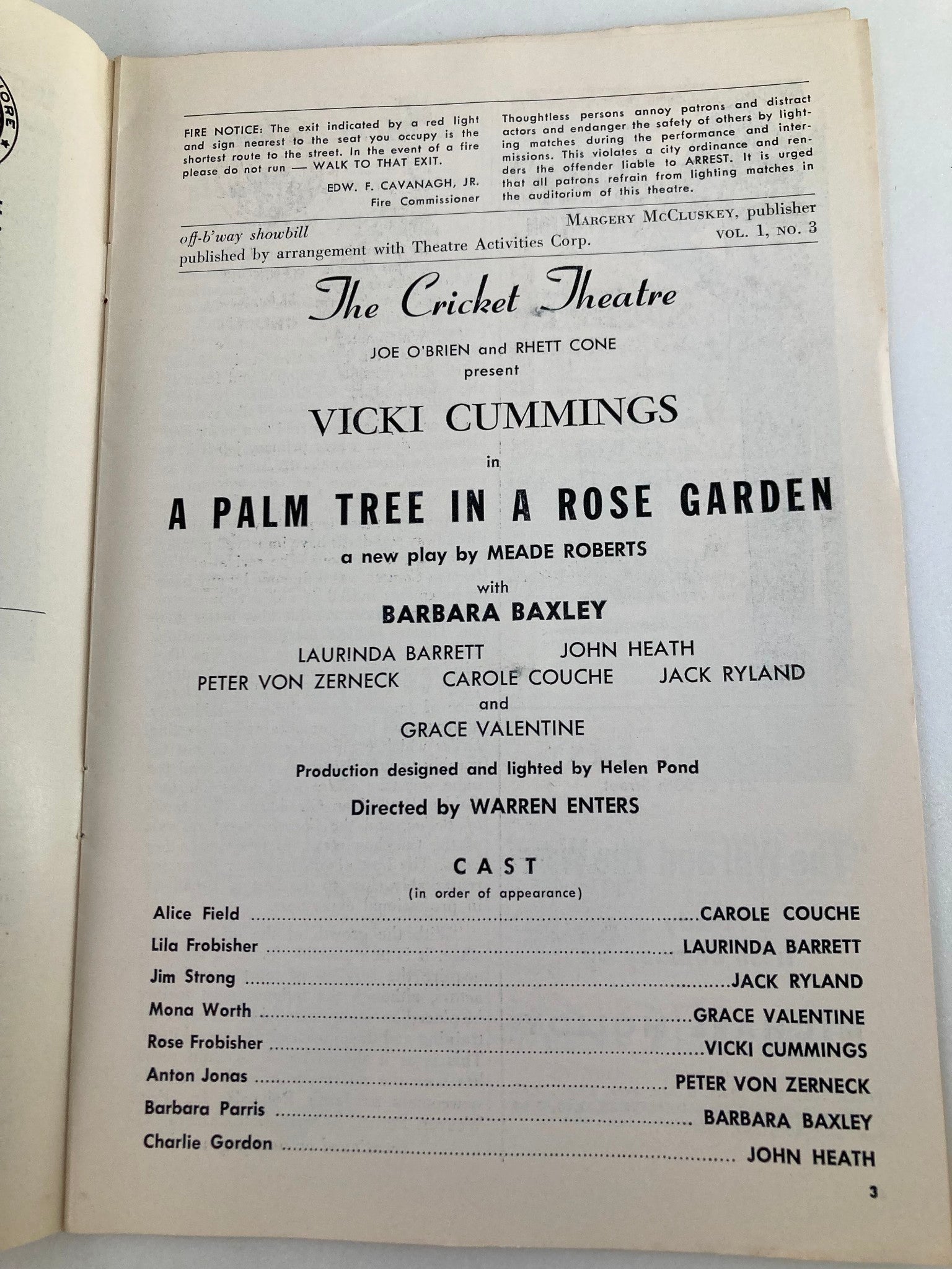 1958 Showbill The Cricket Theatre Vicki Cummings in A Palm Tree in Rose Garden